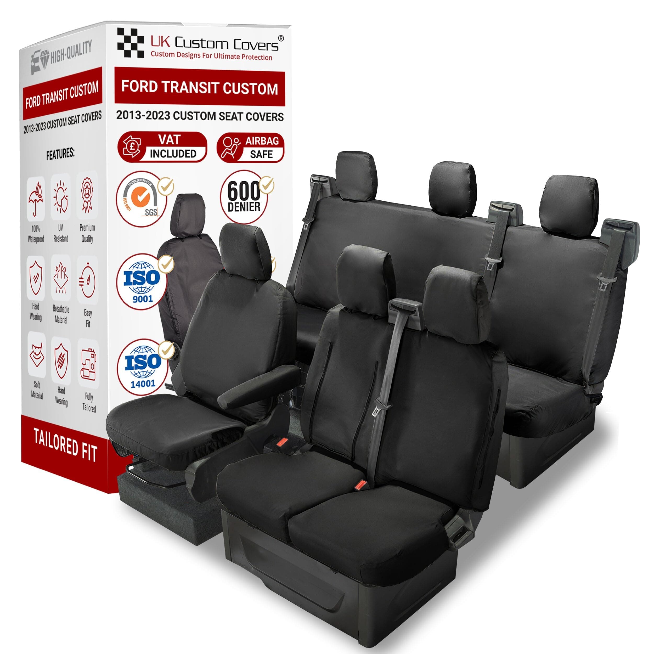 Seat Covers to fit the Ford Transit Custom 2013 to 2023 | Waterproof, Heavy Duty, Seat Mounted Airbag Compatible, Durable, Easy to Fit | Tailored 6 Seat Set With Pull Down Tray | Black
