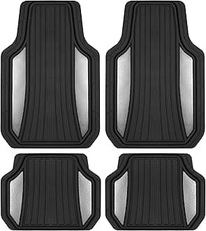ChromeTech Car Floor Mats Full Set - Durable Rubber Floor Mats for Cars with Two Tone Accent, All Weather Interior Protection for Front and Rear with Non-Slip Backing, Silver Chrome