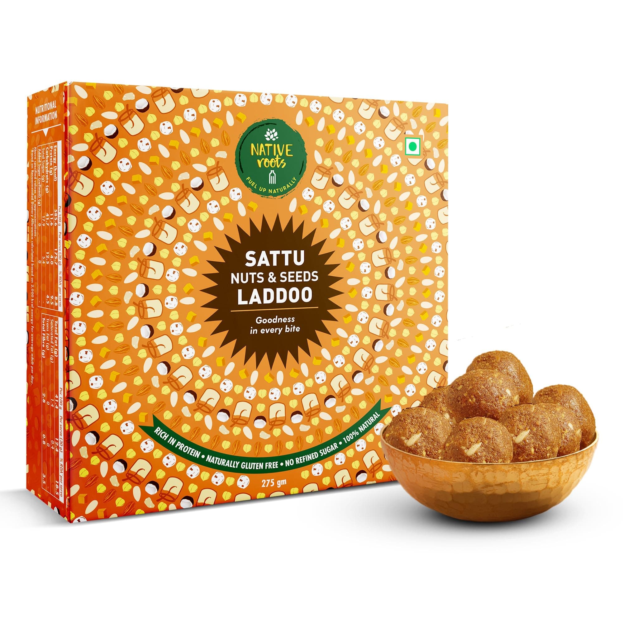 Native Roots Sattu Nuts & Seeds Laddoo | Made with Cow-Ghee & Jaggery | High in Protein & Fiber | Naturally Gluten-Free & No Refined Sugar | Fresh, Small Batch Healthy Snack (Pack of 1) 275g