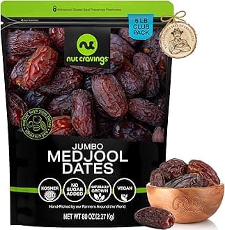 NUT CRAVINGS - Dried Jumbo Medjool Dates, No Sugar Added, Unsulphured (80oz, 5 LB) Sweet Healthy Snack, Vegan, Kosher, Resealable Bag
