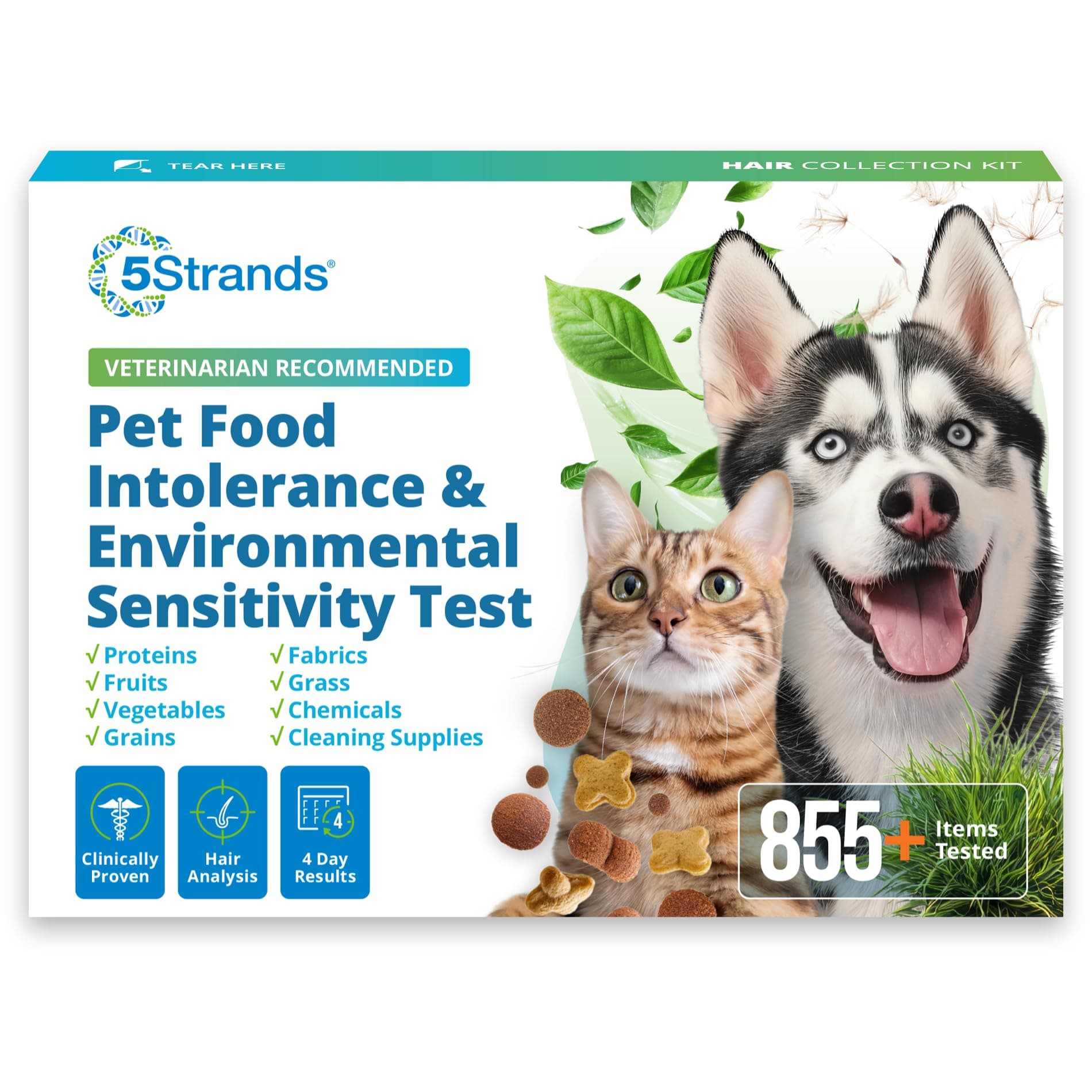 5Strands Pet Food Intolerance & Environmental Sensitivity Test, at Home Gut Health Test for Dogs & Cats, 857 Items Tested, Pet Health Check, Results in 4 Days, for All Ages and Breeds