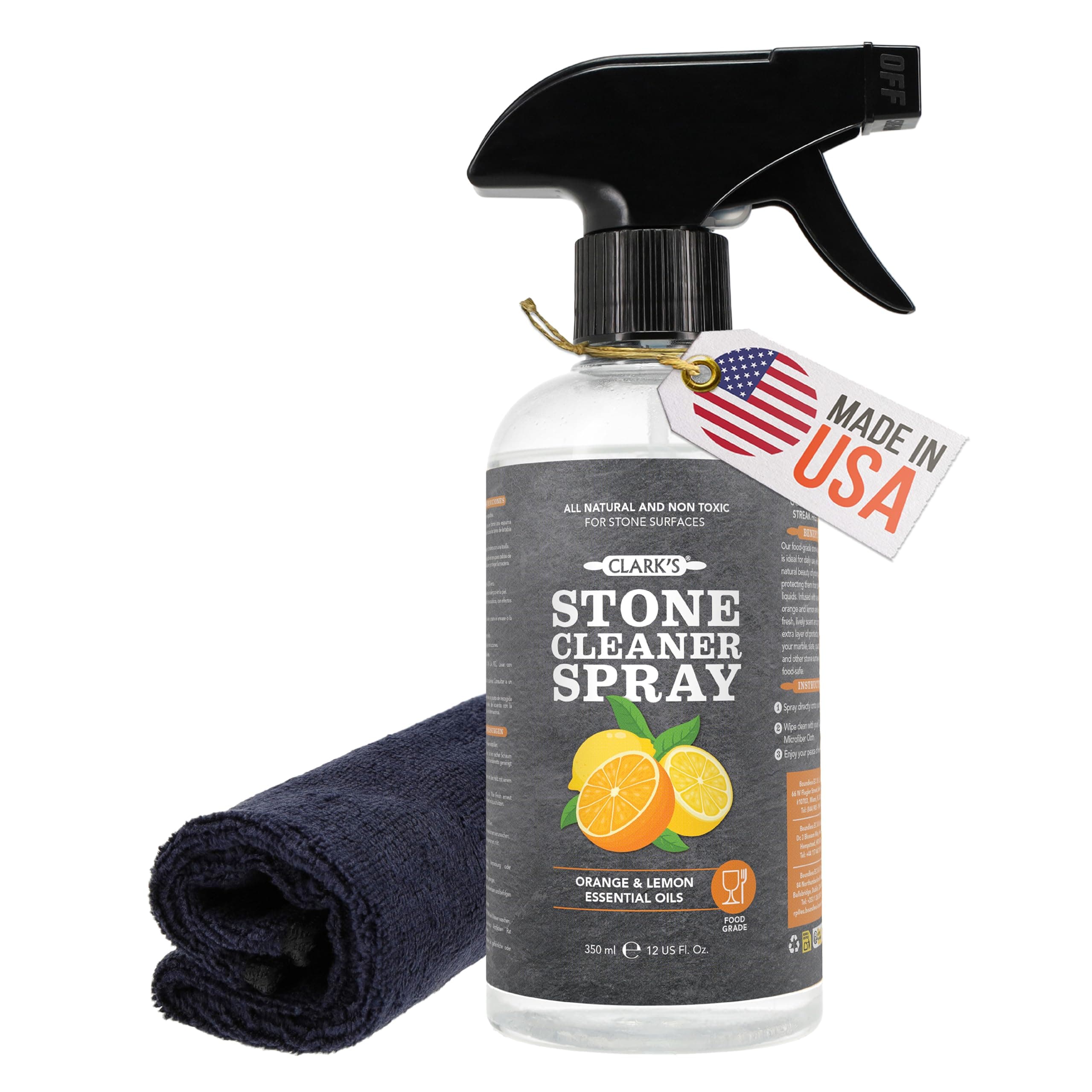 Natural Stone Spray Cleaner, with Microfiber Cloth for Soapstone, Granite, Quartz, Marble, & other Countertop Surfaces – Pure Ingredients to Keep Stone Protected, Citrus Oil Extracts, 12oz