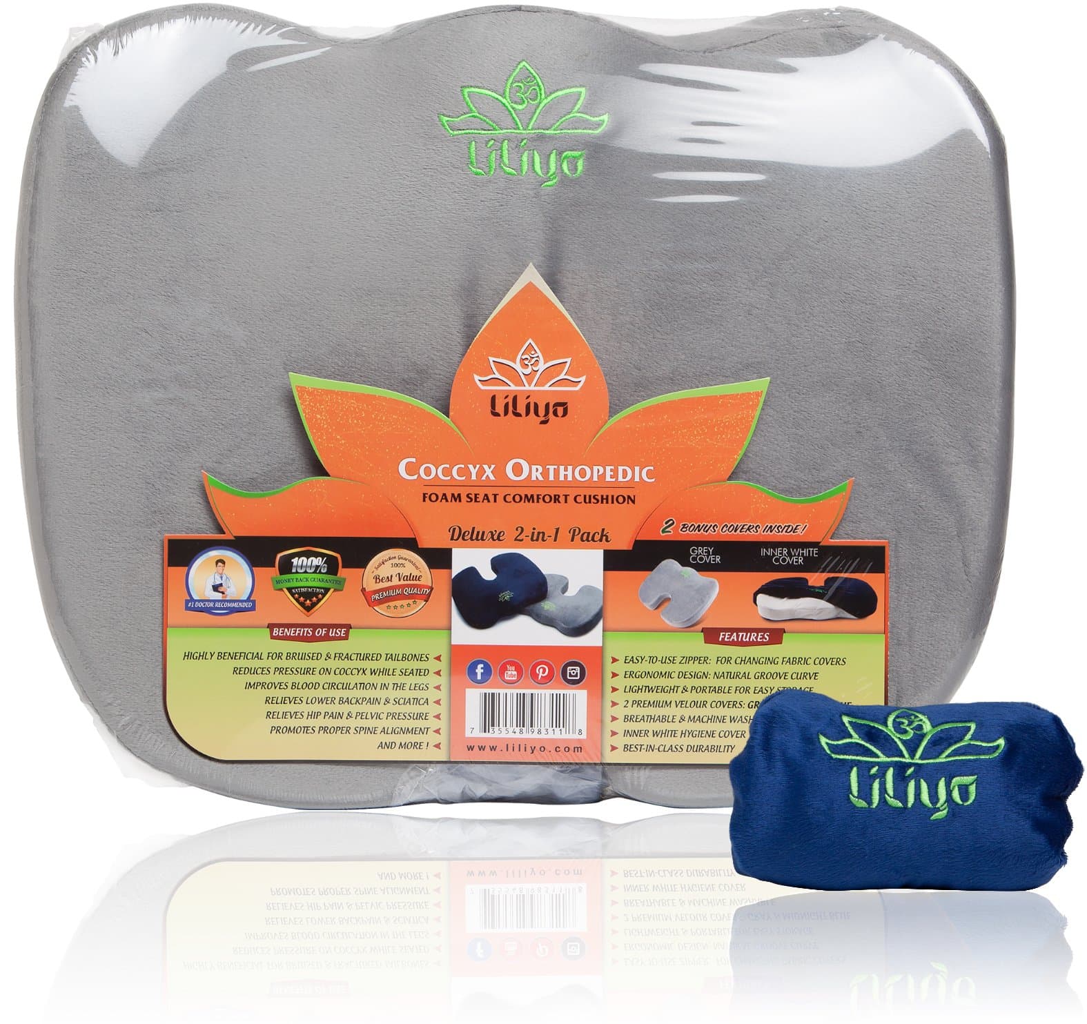 Office Chair Seat Cushion - for Sciatica Relief, Coccyx Lower Back Pain Relief Backrest Pillow for Wheelechair, Home, Car, Density Foam for Lifetime Durability, with 2 Covers (Blue & Gray)