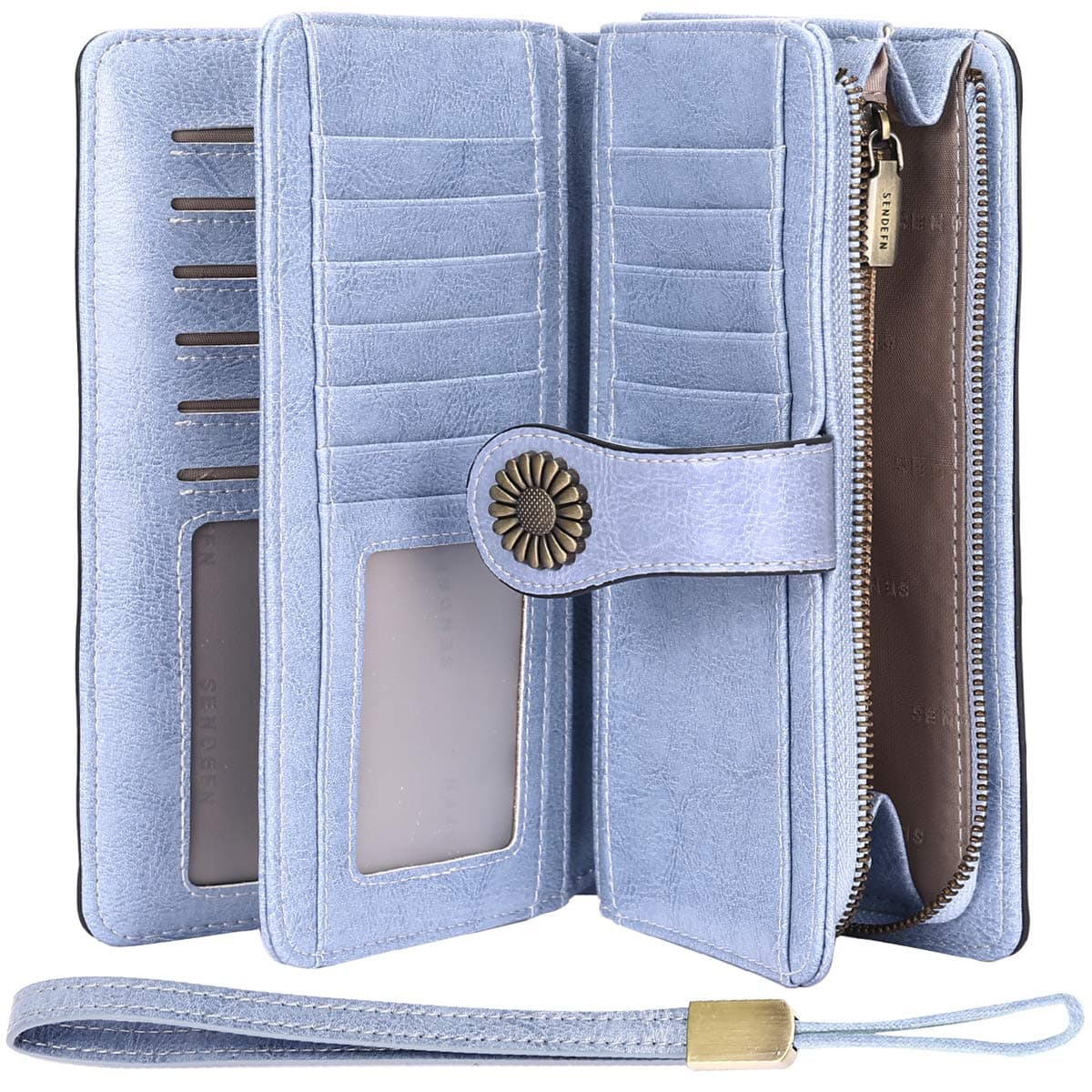 Ladies Leather Purse Large Capacity Womens Wallets RFID Blocking with Wrist Strap 26 Card Slots, Ladies Purse Wallet with Zip Pocket Coins Compartment Leather Purses for Women (Blue2)