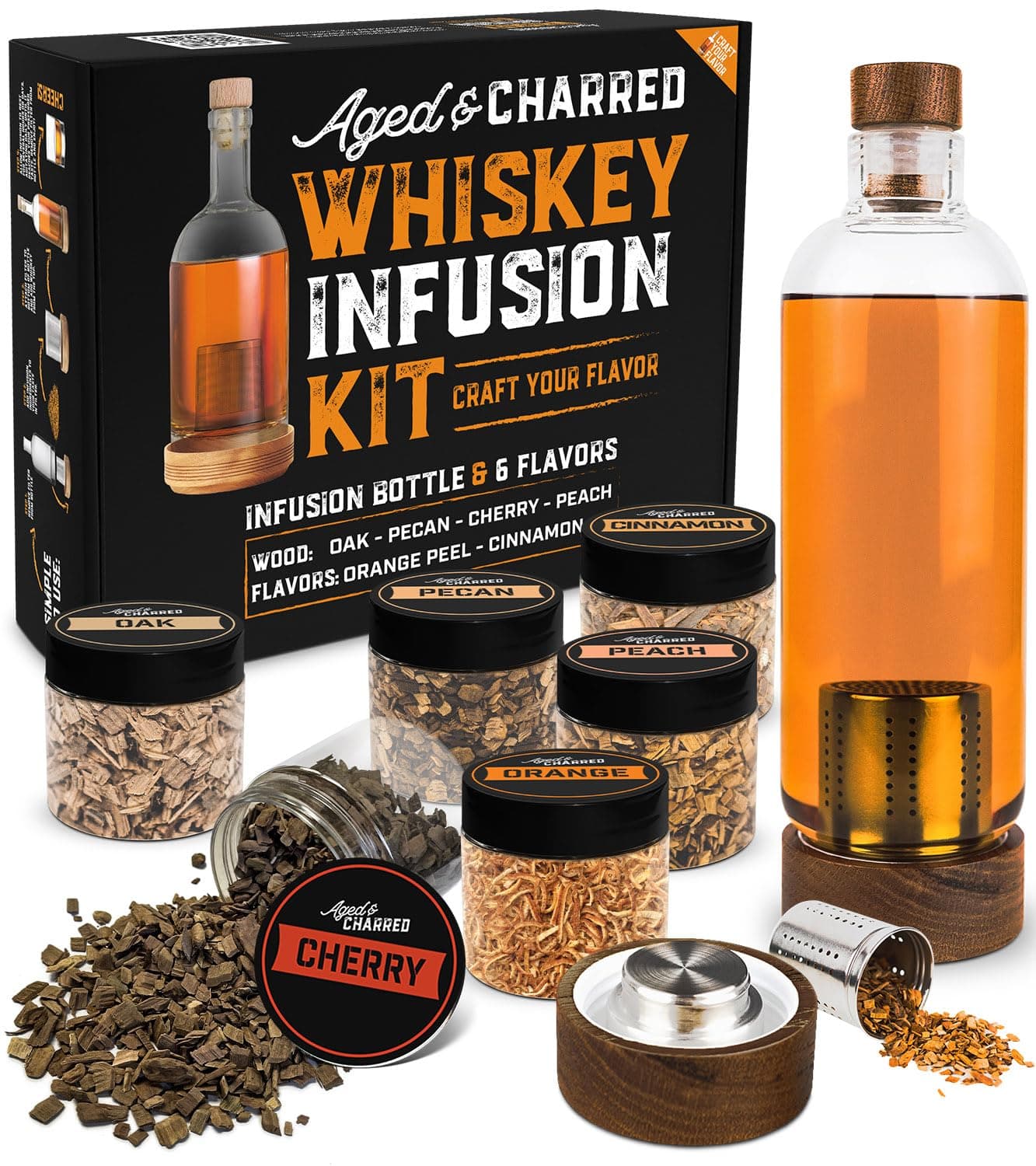 Complete Whiskey Infusion Kit (4 Wood Chips, Orange and Cinnamon Peels) - Whiskey Making Kit Gift Sets for Men - Craft Your Own Whiskey Flavors - Unique Bourbon Gifts for Men