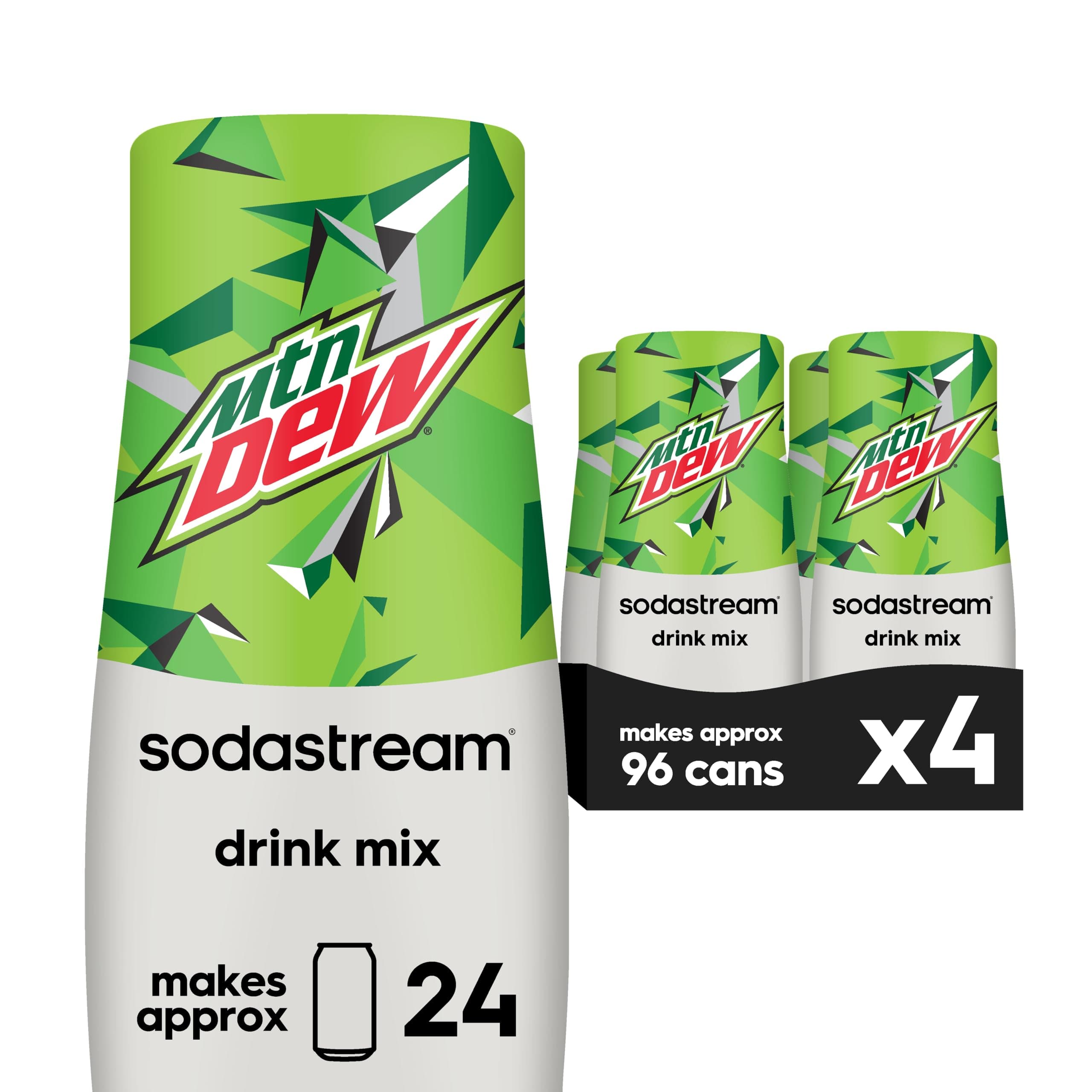 Mountain Dew Soda Drink Mix | For Soda Makers; turns 9.5 Gallons of Fizzy Water into delicious Mountain Dew | 52mg Caffeine per 12oz | Makes 96 Servings | 14.9 Fl Oz, Pack of 4