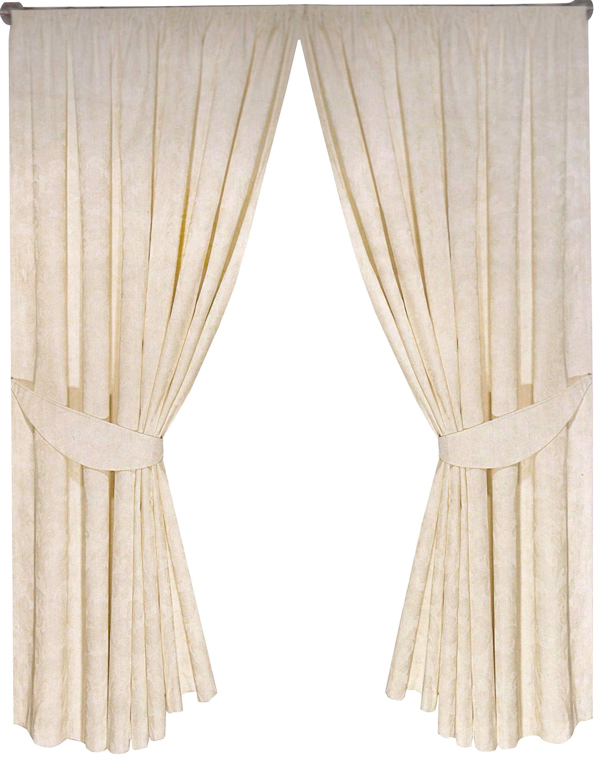 One Pair of 90" x 108" Fully Lined Cream Jacquard Curtains with Two Tiebacks Cream