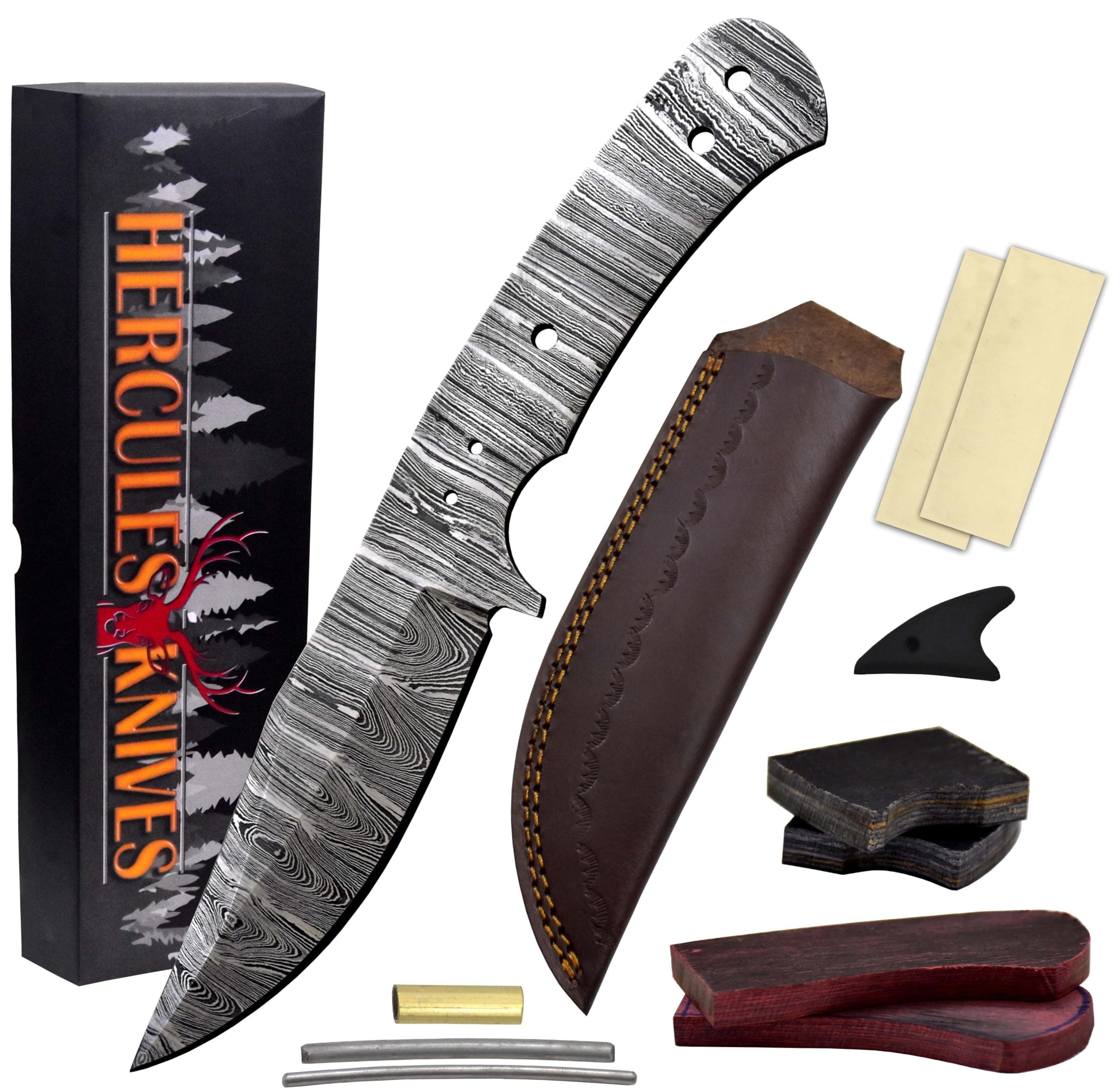 Custom Hand Forged Damascus Steel Blank Blade Knife Making Kit, Leather sheath, Pin, Scale, DIY Hunting, Camping Blade Damascus Blade Billet Knife Making Supply (BK-B)