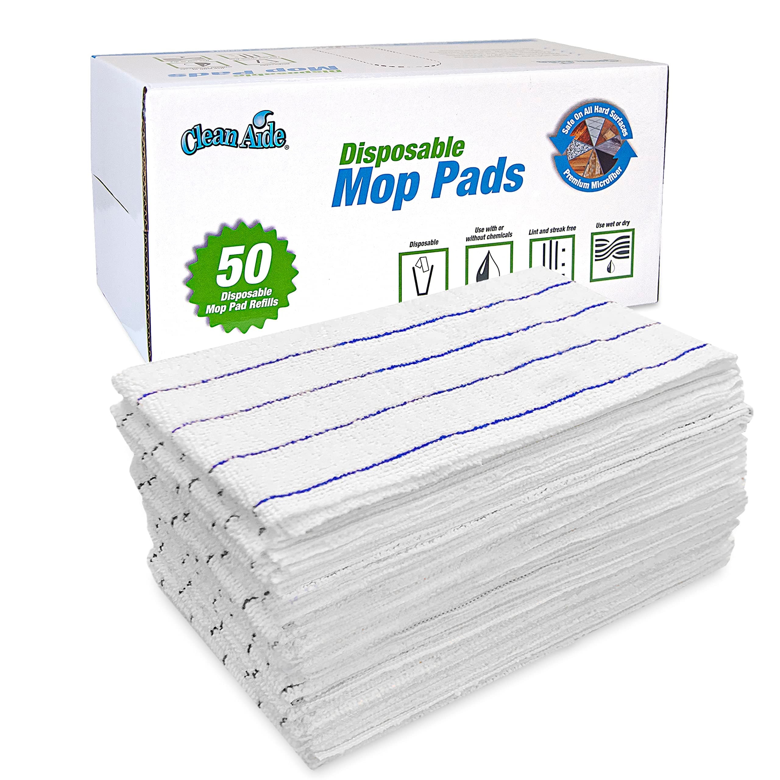 CleanAide Disposable Microfiber Mop Pads in Dispenser Box, 50 Pack, White
