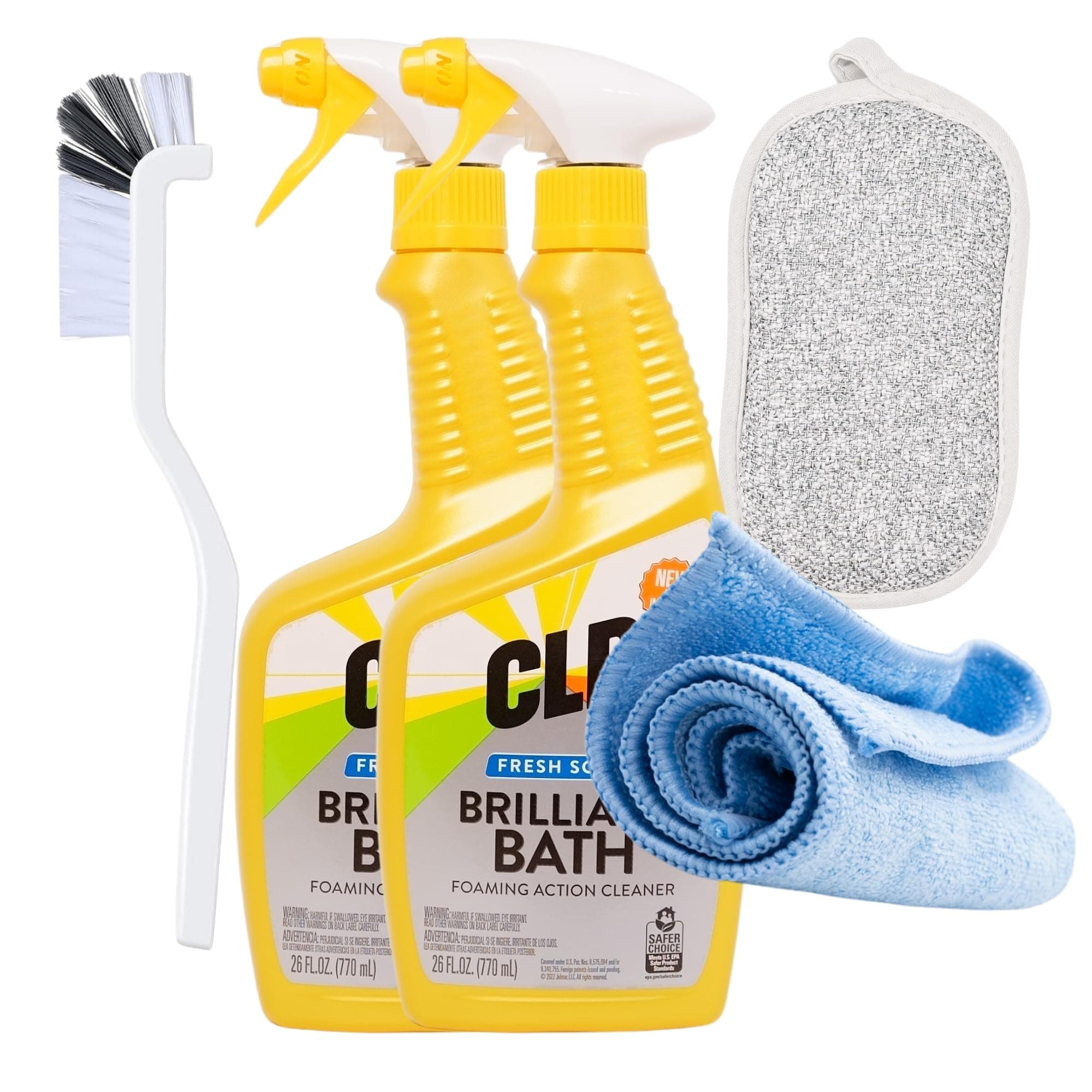 Cozy Home Luxe Bundle - 2 Pack CLR Brilliant Bath Cleaner Bundle With Microfiber Towel, Grout Brush & Scrub Sponge - 26oz CLR Bathroom Cleaner Spray For Toilet, Bath, Sink & Glass