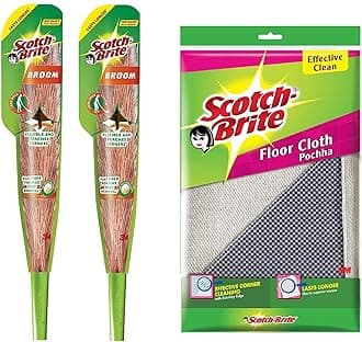 Scotch-Brite Floor Cleaning Kit Plastic Broom Pack of 2 and Pack of 1 Cloth Pochha, Green