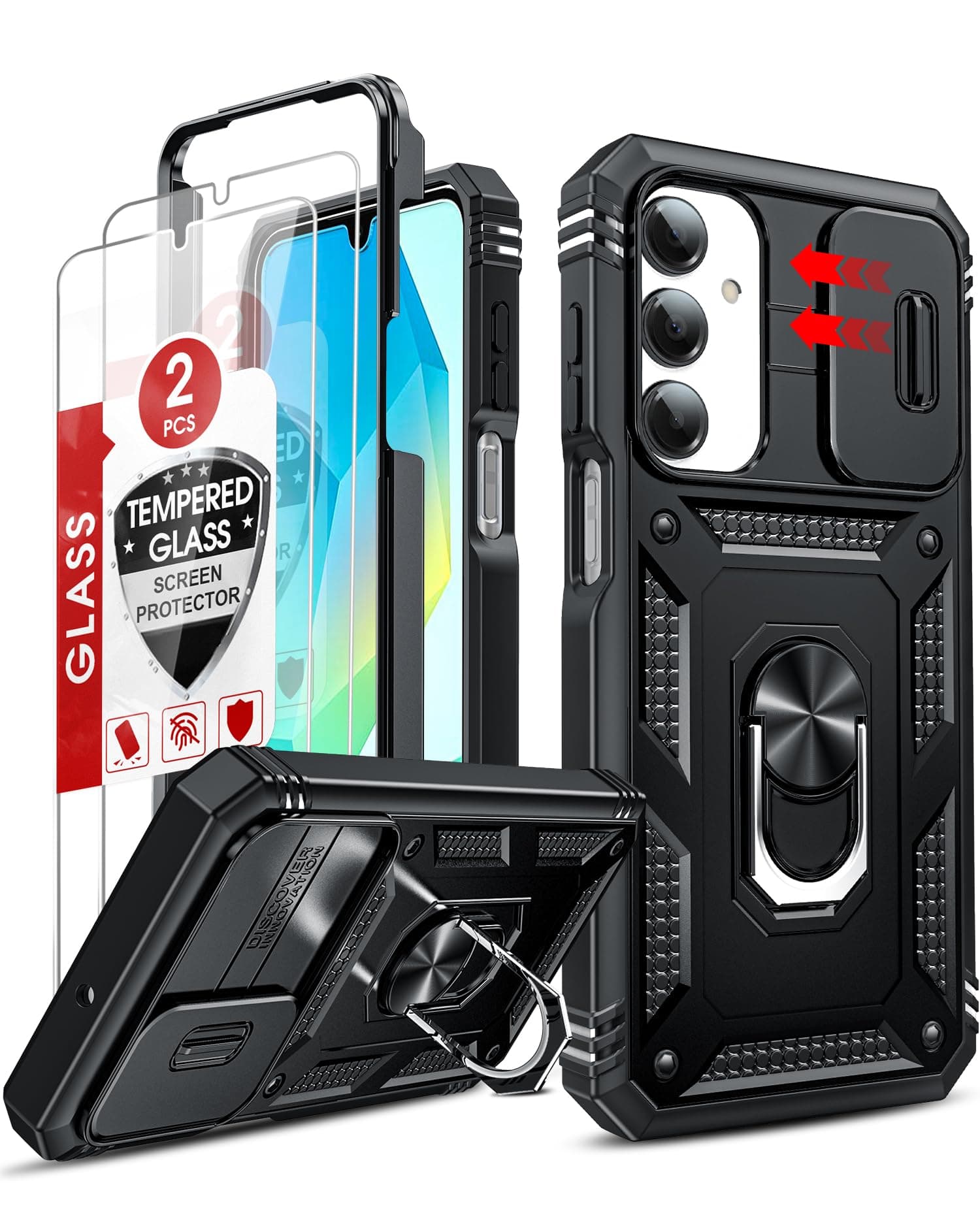 LeYi for Samsung Galaxy A16 5G/4G Case with Camera Cover Slider, 360 Full Body Armour Protective Tough Cover| 2 Tempered Glass Screen Protector| Ring Stand Holder for Galaxy A16 5G Phone Case Black