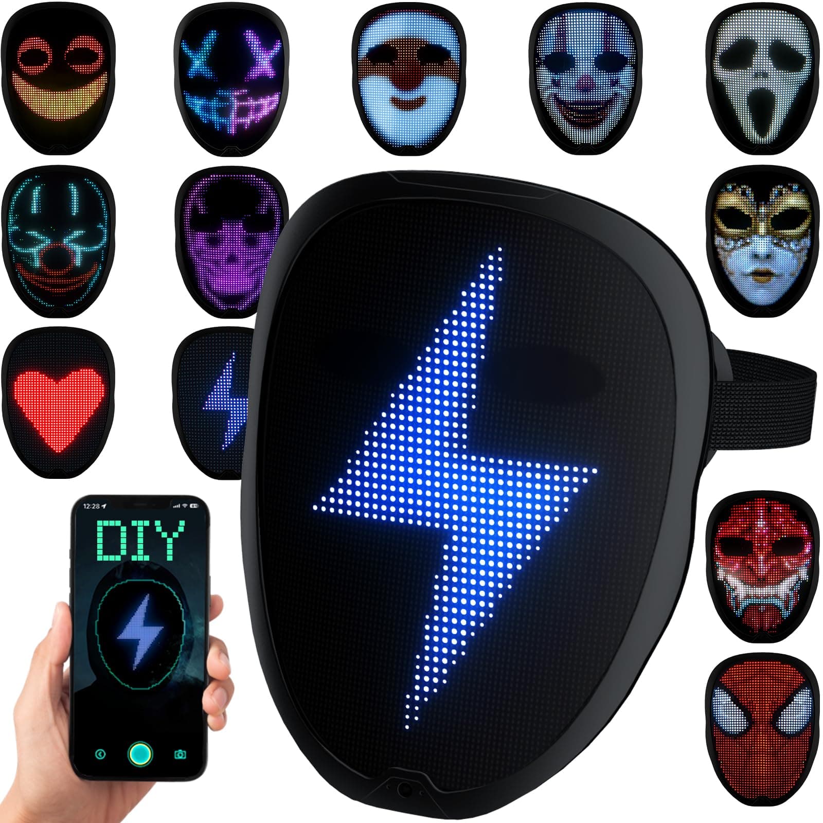 YinenioLED Mask with Programmable App & Gesture Sensing, DIY Unisex Adult LED Lighted Face Transforming Mask for Halloween Costume