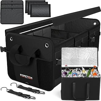 FORTEM Car Trunk Organizer w/Cooler, SUV Trunk Organizer, Car Storage Organizer, Collapsible Multi Car Organizer, Non Slip Bottom, Adjustable Straps (3 Compartments, Black)(FRTM-TO-V3-COOL-BLACK)