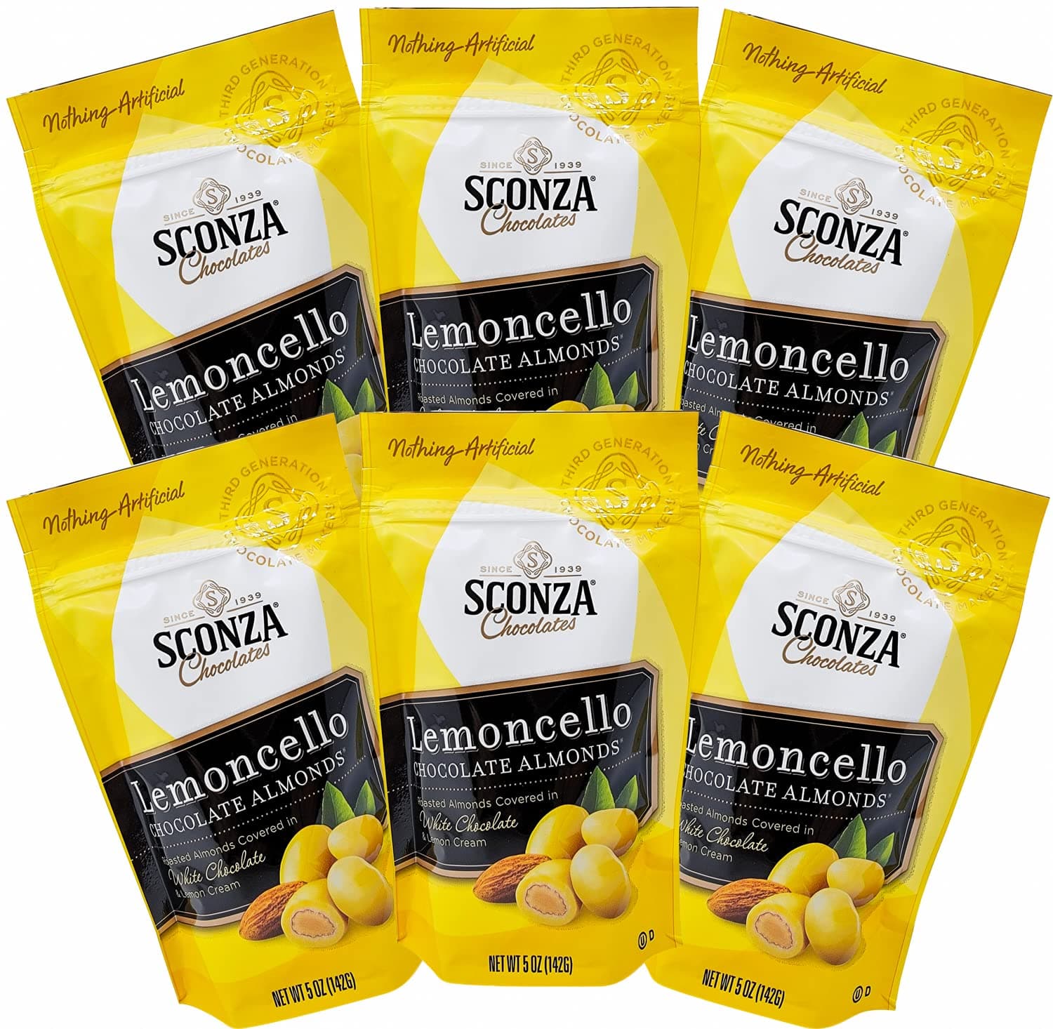 Lemoncello Chocolate Covered Almonds Brought to you by Nutic, Produced By Sconza - Roasted Almond Covered in White Chocolate and Lemon Creme Candy | 6 Pack of 5 Oz Bags | Gift Snack