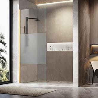 Shower Glass Door 34"*74", Frameless Fixed Shower Glass Door for Walk-in Bathroom, 5/16"(8mm) Thick Tempered Glass and Frosted Glass Shower Door Panel, Brushed Gold