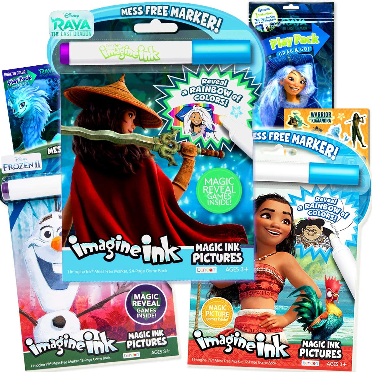 Imagine Ink Magic Pictures Coloring Activity Books Set - Raya and The Last Dragon, Frozen and More