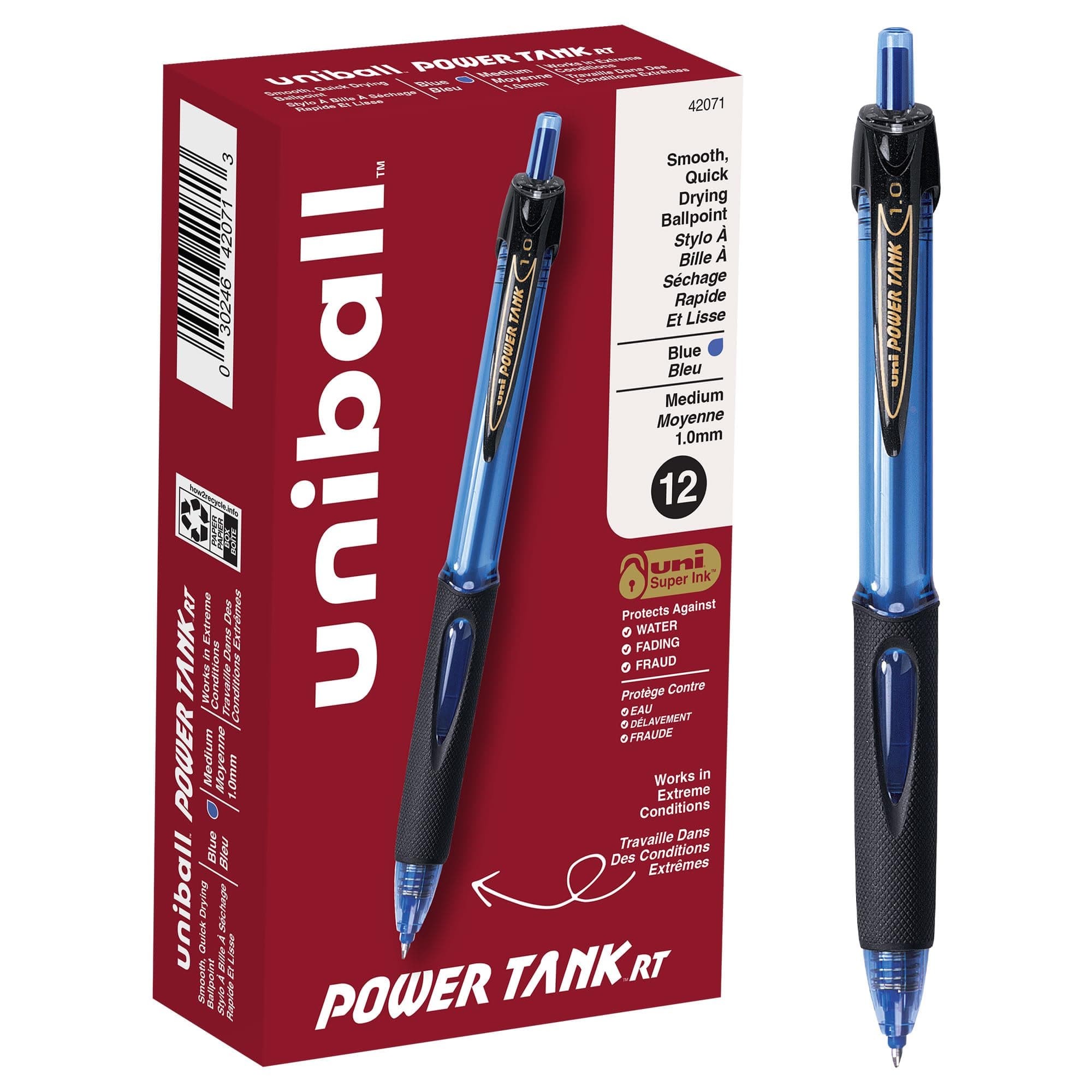 uni-ball Power Tank Retractable Ballpoint Pens Medium Point, 1.0mm, Blue, 12 Pack