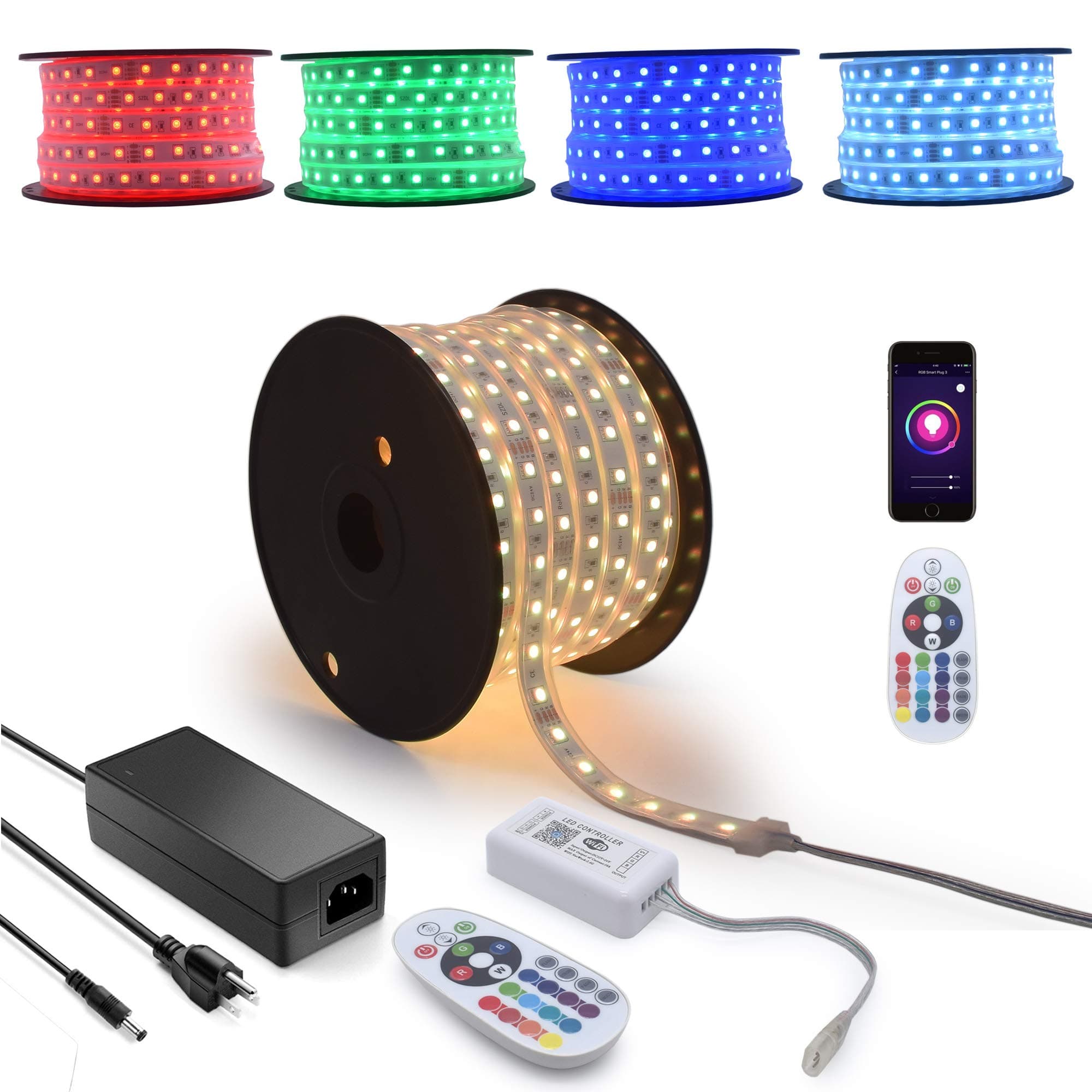 60Ft Long Run Waterproof 24 Volts LED IC Addressable RGB Colors Chasing, Music SYNC Bluetooth App Smart Controller LED Strip Rope Lights, Swimming Pool Crown Molding Landscape House Decor Lighting