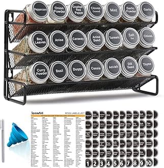 SpaceAid Spice Rack Organizer with 21 Spice Jars, 386 Spice Labels, Chalk Marker and Funnel Set for Cabinet, Countertop, Pantry, Cupboard or Door & Wall Mount - 21 Jars, 13.4" W × 9" H, Black