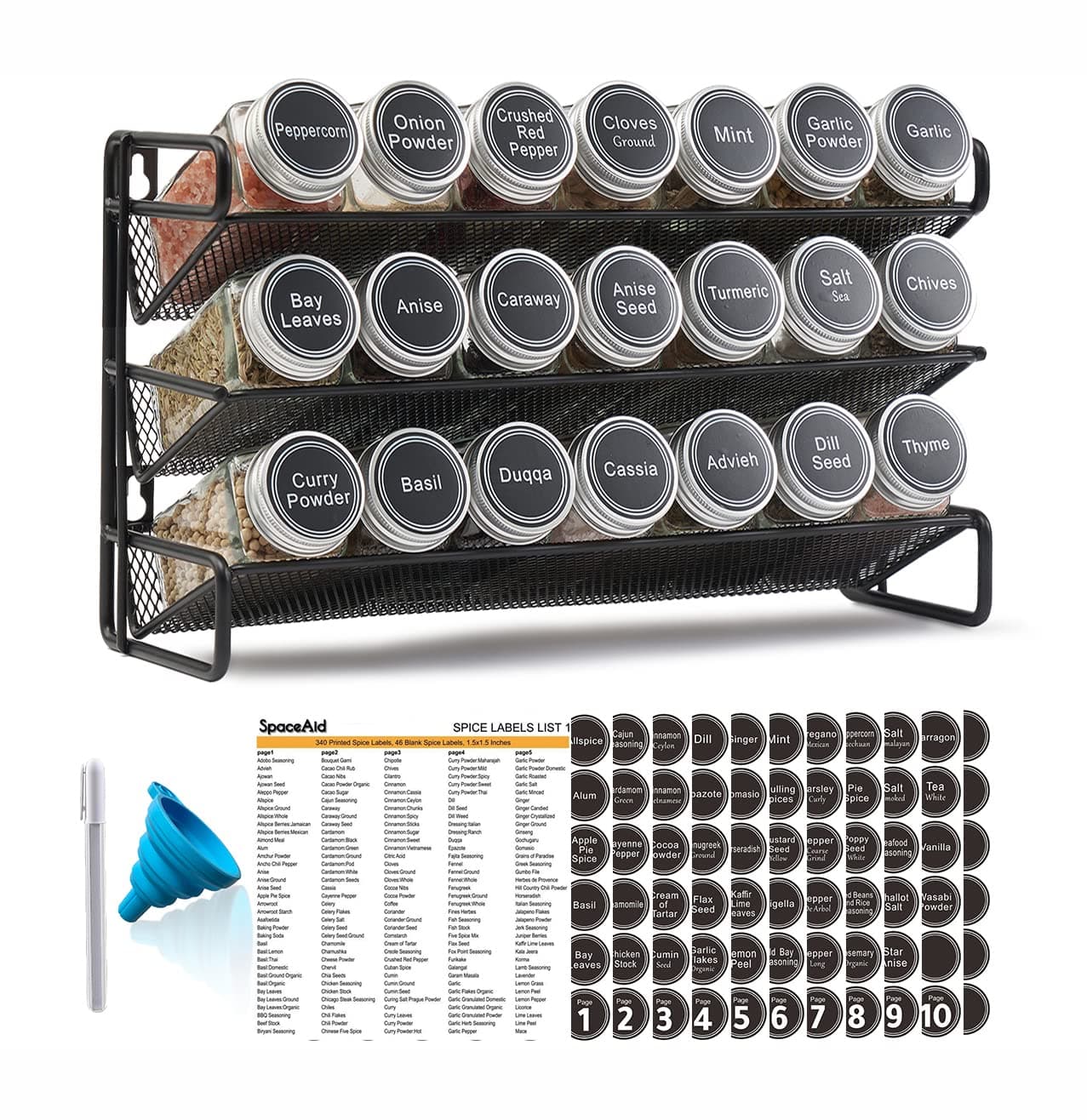 SpaceAid Spice Rack Organizer with 21 Spice Jars, 386 Spice Labels, Chalk Marker and Funnel Set for Cabinet, Countertop, Pantry, Cupboard or Door & Wall Mount - 21 Jars, 13.4" W × 9" H, Black