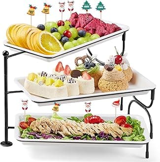 Lifewit 3 Tier Serving Tray, 30 x 17 cm/12 x 6.5 White Plastic Tiered Food Serving Platters, Rotating Tiered Tray Stand for Party with Black Collapsible Metal Stand, Dessert Table Stands for Cookies