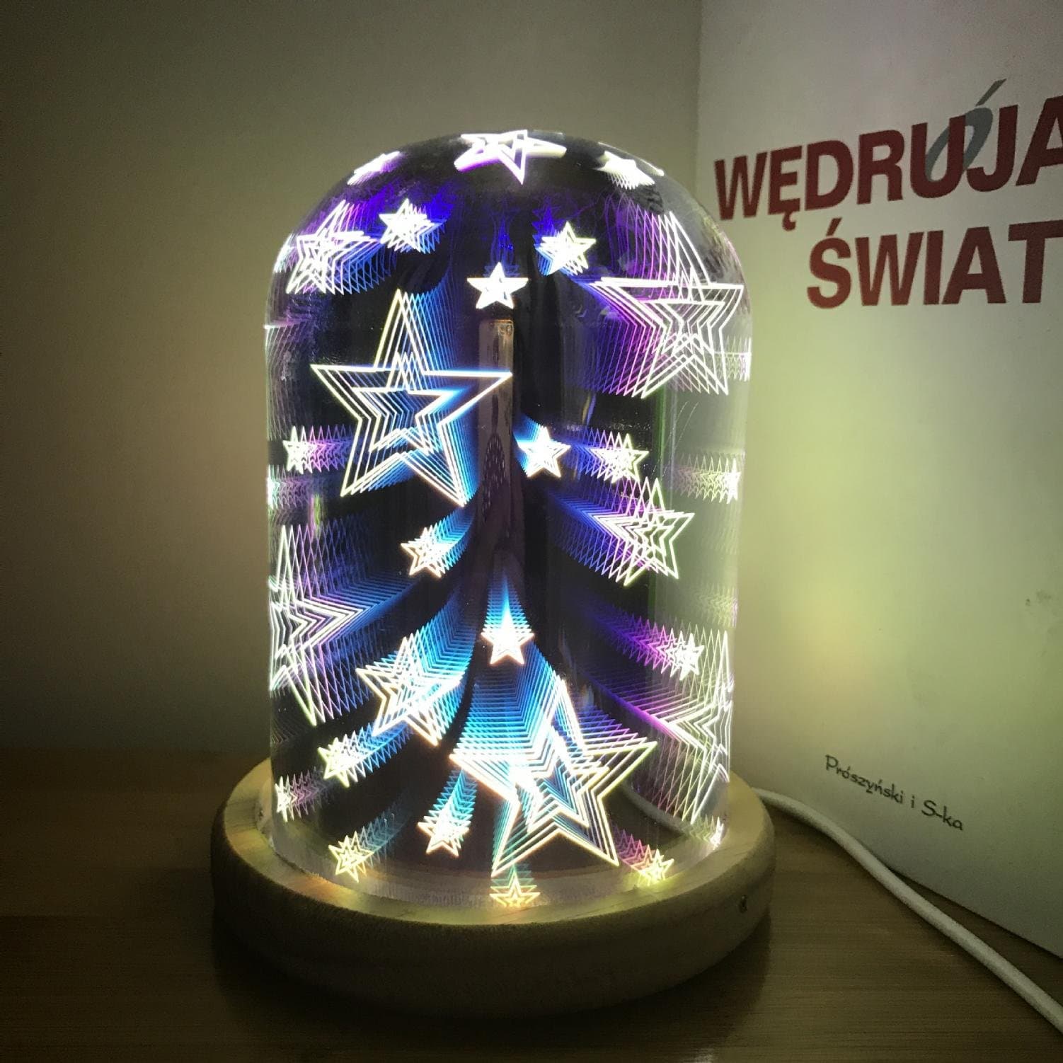 LUNYI New, Fire Tree, Silver Flower, 3D Colorful Glass Table lamp, Wooden Bedside Night Light, Star Decoration lamp, 12 * 17cm Starry Sky