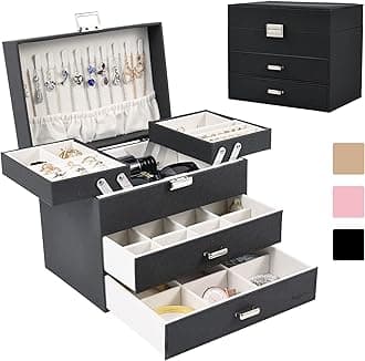 Dajasan Jewelry Boxes for Women Girls, Jewelry Organizer Box, 4 Layers Large Jewelry Storage Organizer for Earring, Ring, Necklace, Bracelets (Black)