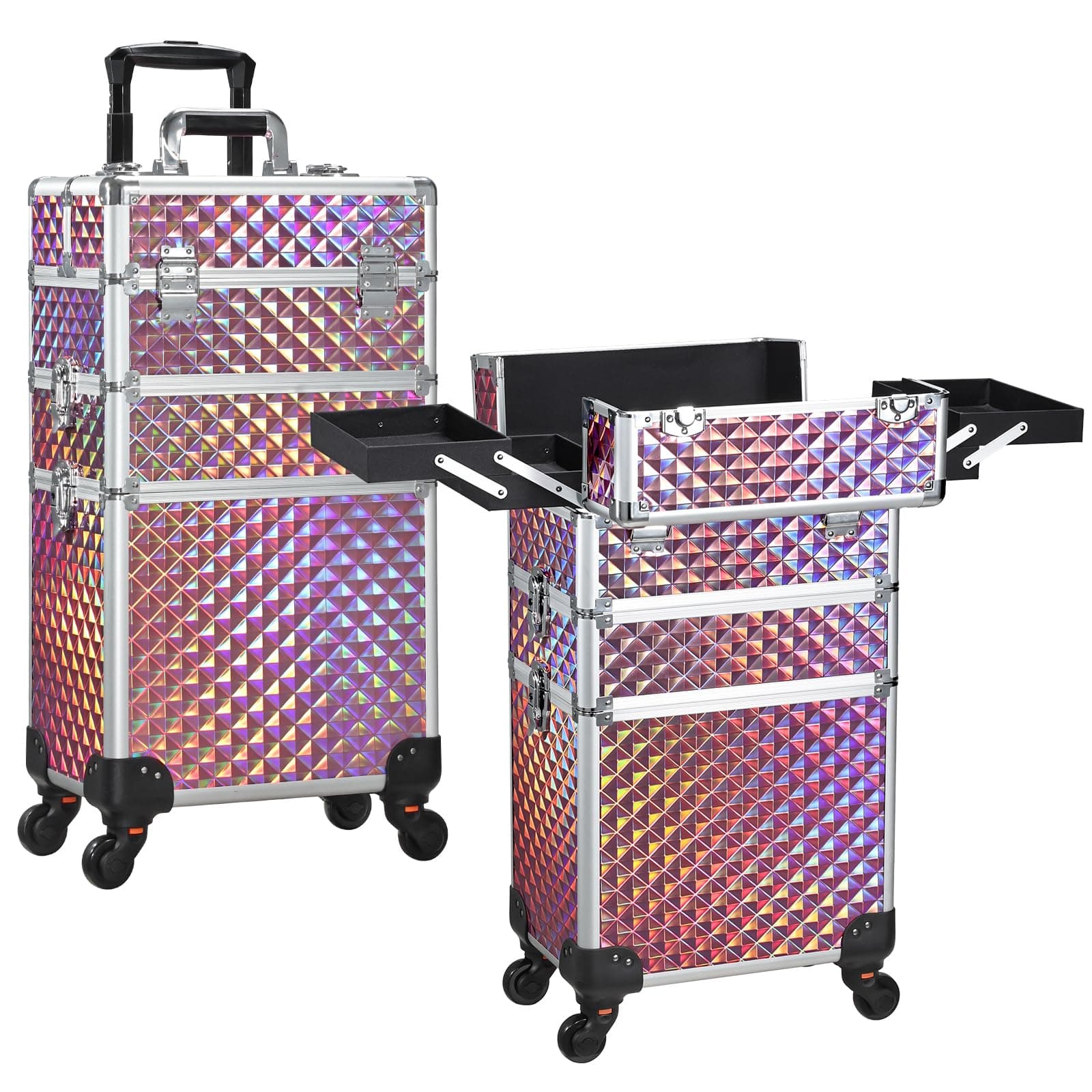 3 in 1 Rolling Makeup Train Case Portable Cosmetic Trolley Large Storage for Professional with 360° Swivel Wheels Salon Barber Case Traveling Cart Trunk - Glitter Pink