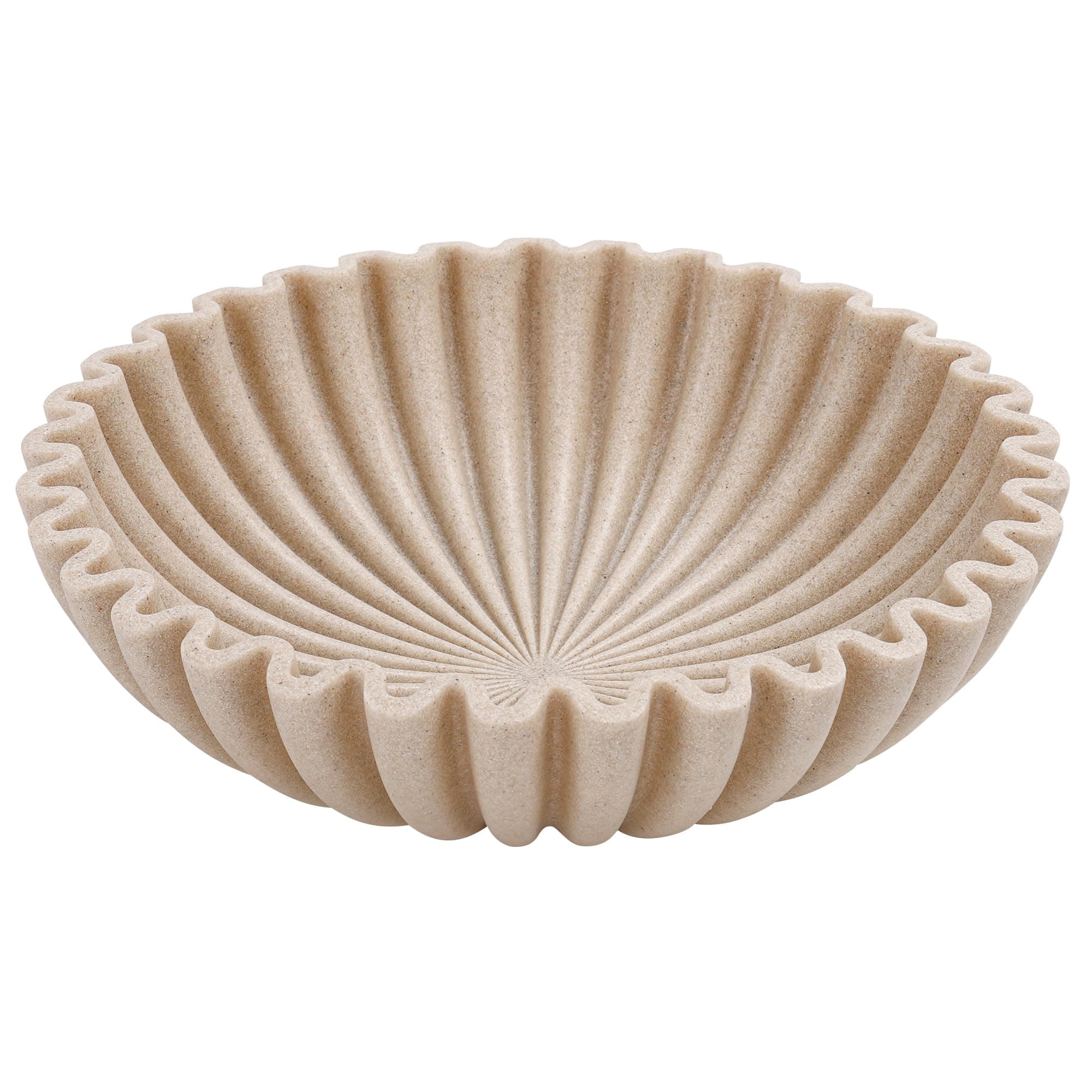 Large Decorative Bowl, Modern Handicraft Bowls for Home Decor, Decorative Fruit Bowl for Kitchen Counter, Ruffle Decor, Stylish Key Bowl for Entry Table, Artificial Stone Beige