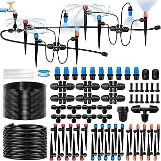 230FT Drip Irrigation System for Garden with 40 Nozzles & Emitters, Garden Watering System with 1/2" & 1/4" Tube and Barbed Fittings - Adjustable Sprinklers Kit for Greenhouse, Lawn, Raised Bed