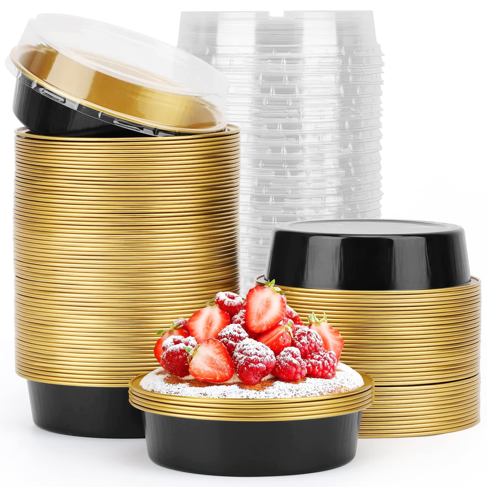 Beasea Aluminum Cupcake Pans With Lids, 4 Inch 100 Pack Disposable Pie Pans For Cake, 8 Oz Aluminum Pie Pan Tin Black Golden Tart Pans Round Oven Baking Mini Cake Pan For Pie Tart Quiche