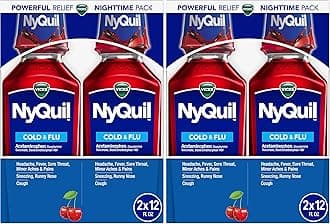 Vicks NyQuil, Nighttime Relief of Cough, Cold & Flu Relief, Sore Throat, Fever, & Congestion Relief, Cherry Flavor, Twin Pack, 12 FL OZ (Pack of 2)