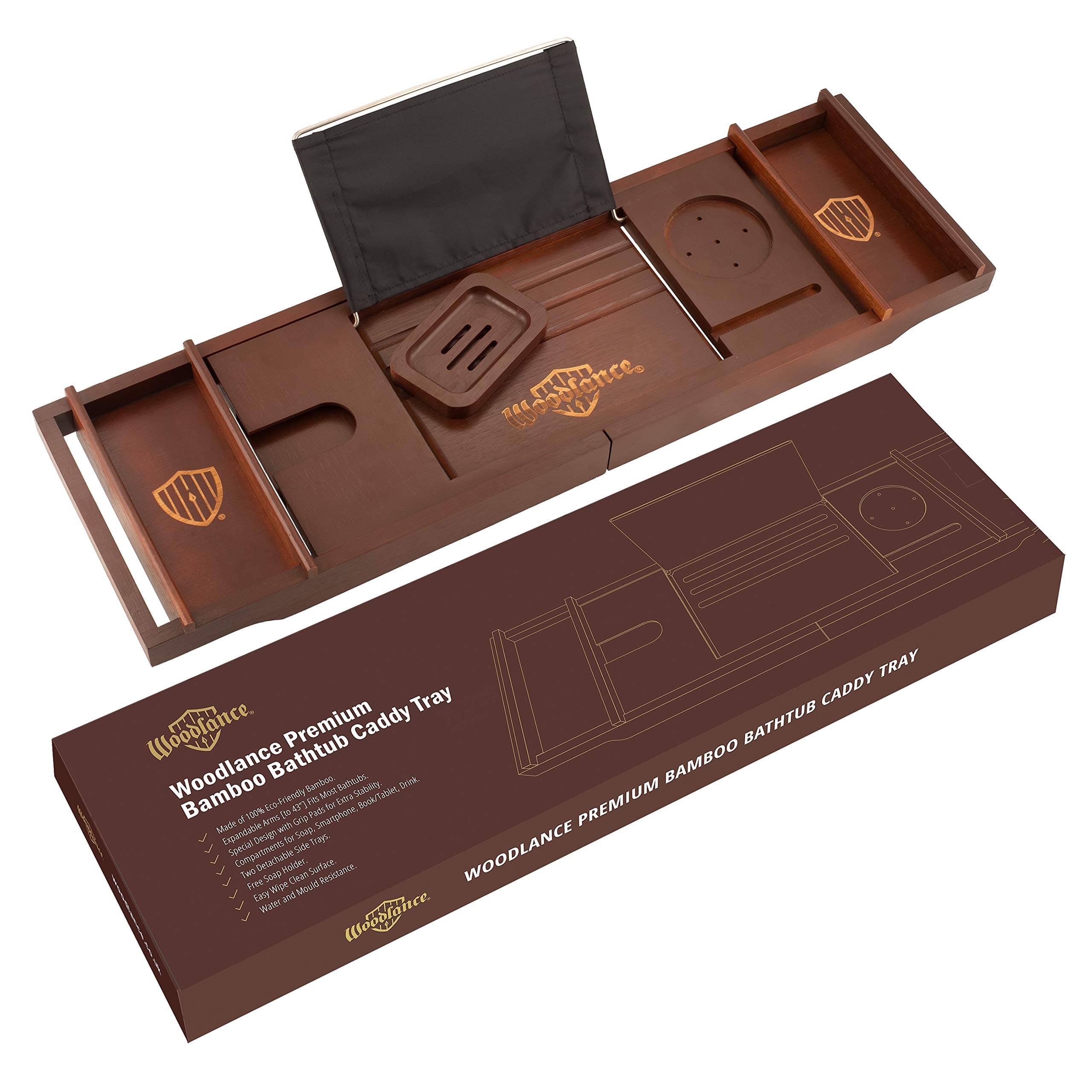 Woodlance Premium Bathtub Caddy Tray | Over Bath Bridge Rack | Book/iPad Rest Stand, Phone Slot, Wine Glass Holder, Removable Side Trays & FREE Soap Holder | 75 x 23 x 4.5 cm (Up to 109 cm Extended)