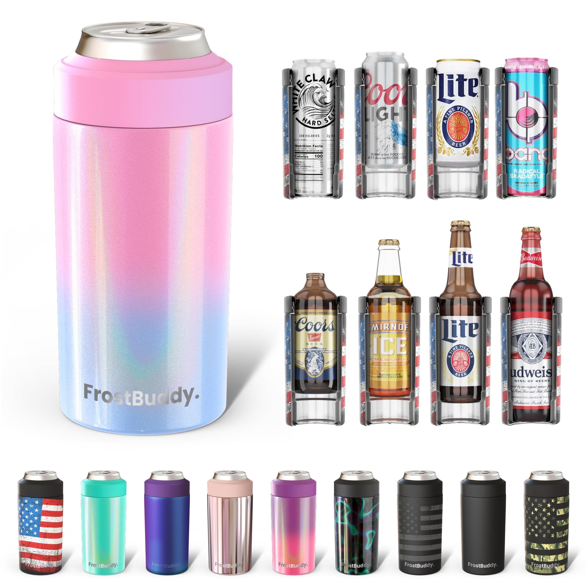 Frost Buddy Universal Can Cooler - Fits All - For Regular 12 & 16 oz or Slim-Size Bottles - Insulated Double-Walled Stainless Steel