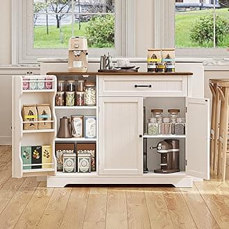 Kitchen Coffee Bar Cabinet with Storage Kitchen Sideboard Buffet Cabinet with Drawers, Short Pantry with Door and Shelves for Bathroom and Living Room, White and Rustic