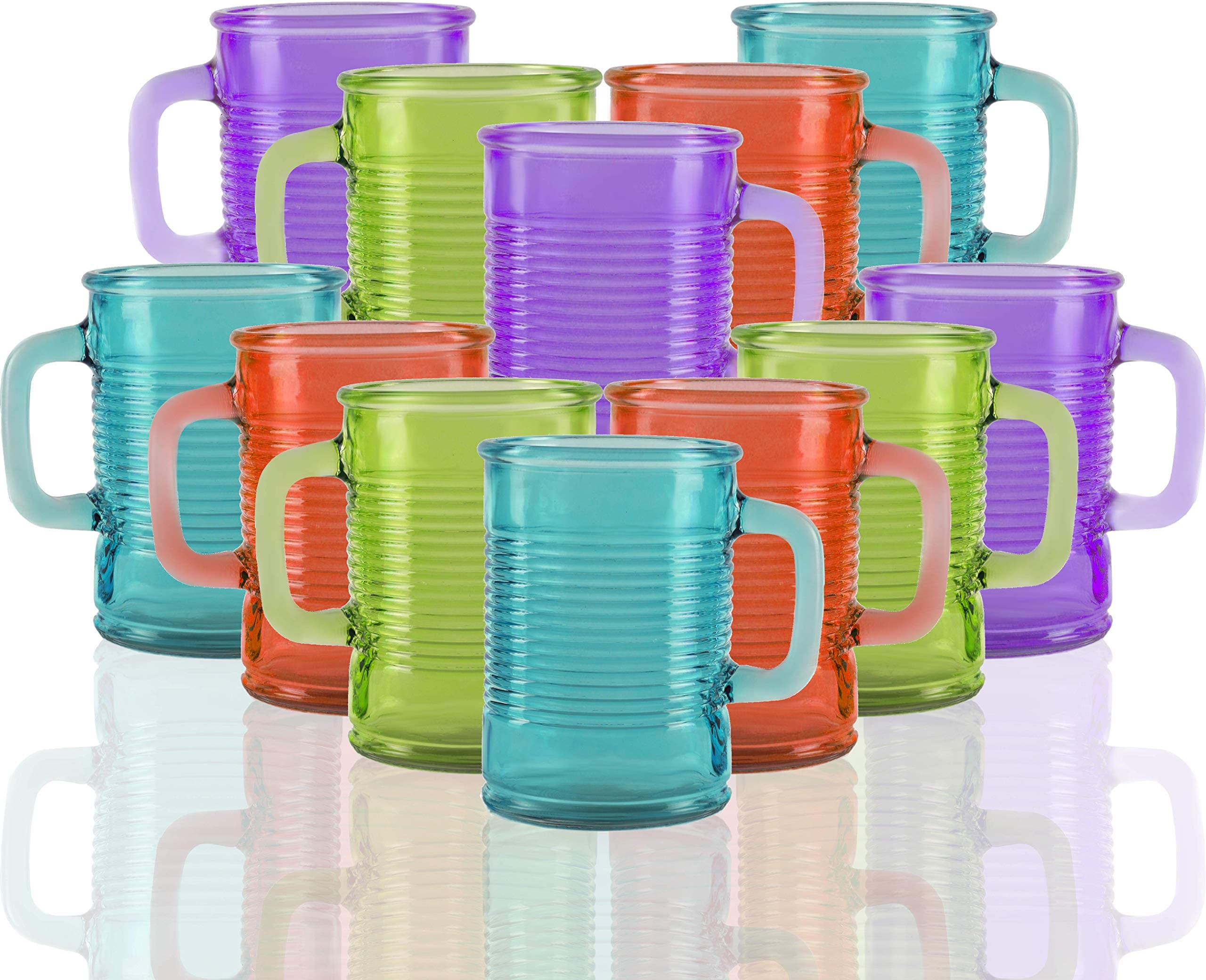 Circleware Huge Set of 12 Multi Colors Mason Jar Mugs in Fun Can Shaped Glasses, Farmhouse Decor Glassware Drink Tumblers for Water, Beer & Cold Beverages, 17.5 oz, Aqua, Green, Orange, Purple