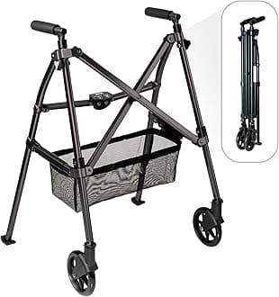 Stander EZ Fold-N-Go Walker, Lightweight Folding Mobility Rolling Walker for Seniors and Adults, 6-inch Wheels, Ski Glides, and Organizer Pouch (Matte Black)