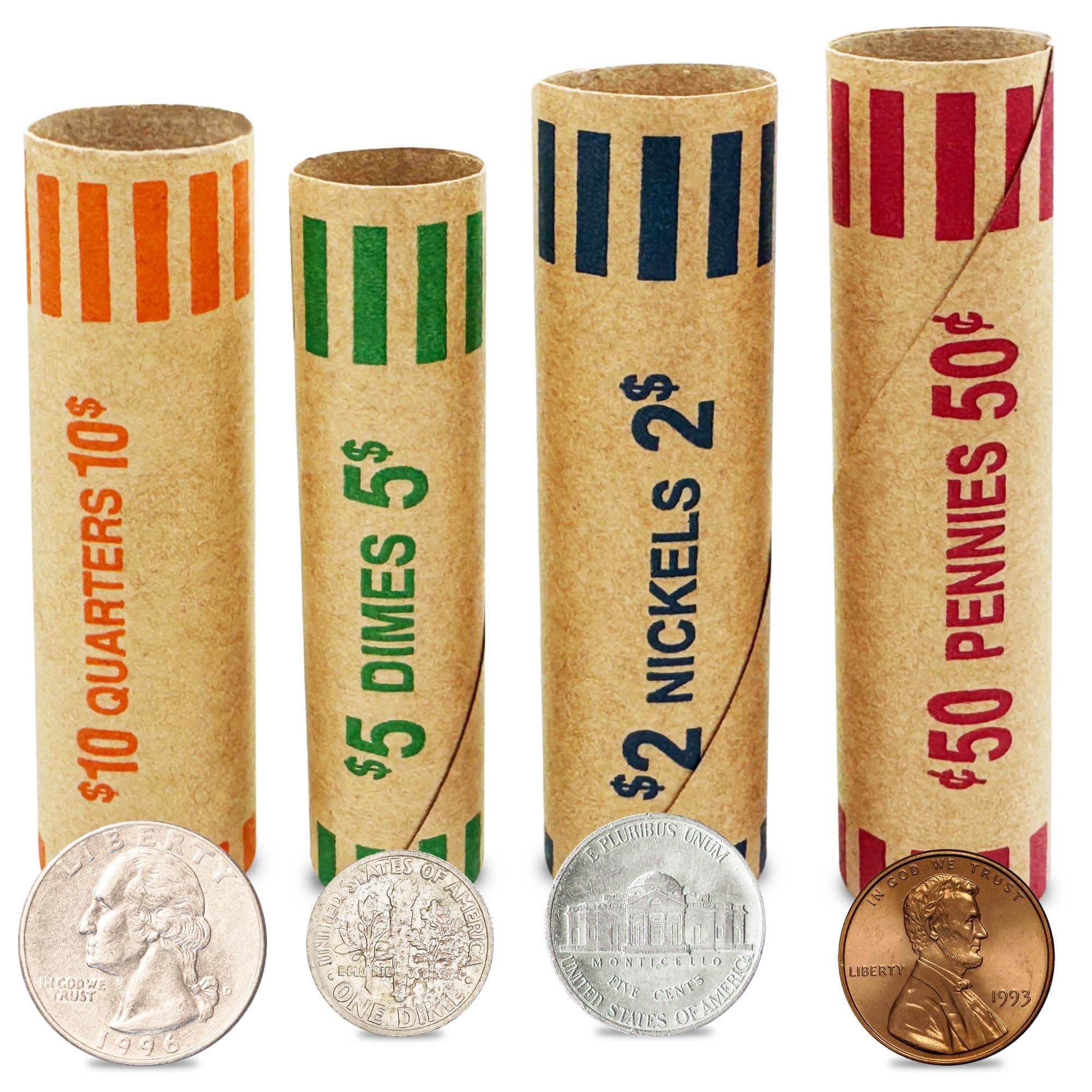 PM Company 128 Pcs Preformed Coin Wrappers Rolls — Assorted Heavy Duty Rolls Wrappers for Quarters, Pennies, Nickels, and Dimes