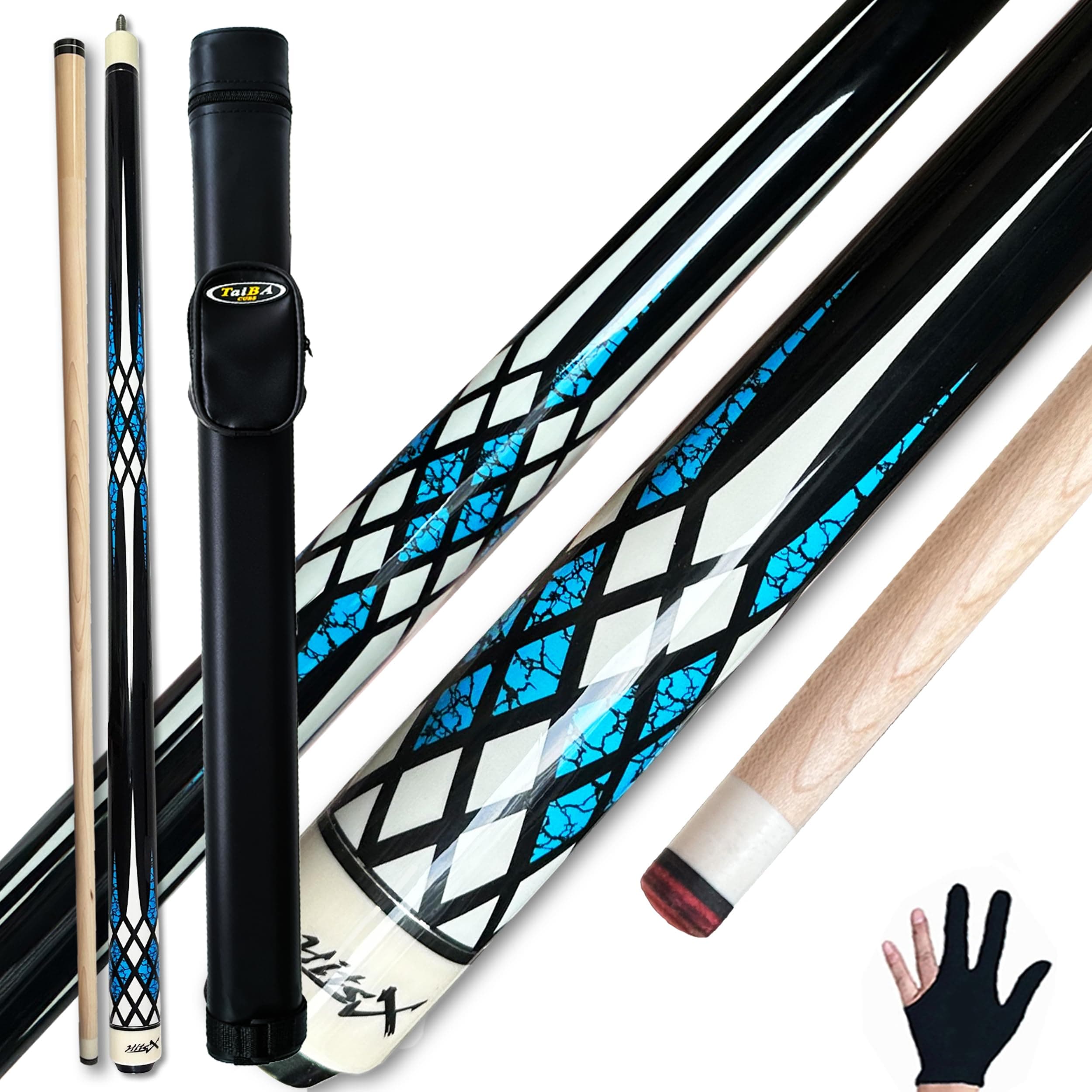 TaiBA 2-Piece Pool Stick With 1x1 Case,13mm Tip, 58", Hardwood Canadian Maple Professional Billiard Pool Cue Stick 19-20 Oz (Selectable)-Blue, Black, Red, Gray, Green, Brown