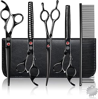 Moontay Professional Dog Grooming Scissors Set, 7 Inch/8 Inch Pet Grooming Scissors Chunkers Shears for Dog, Curved Dog Grooming Scissors, Thinning Shears for Dog with Grooming Comb