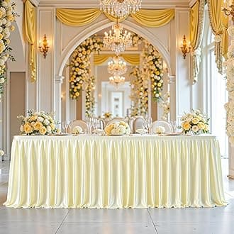 6ft Champagne Satin Tablecloths for Rectangle Tables - Shiny Spandex Party Table Cover with Pleated Table Skirt, No-Wrinkle & Glossy Wedding Tablecloth One-Piece for Birthday Baby Shower Banquets