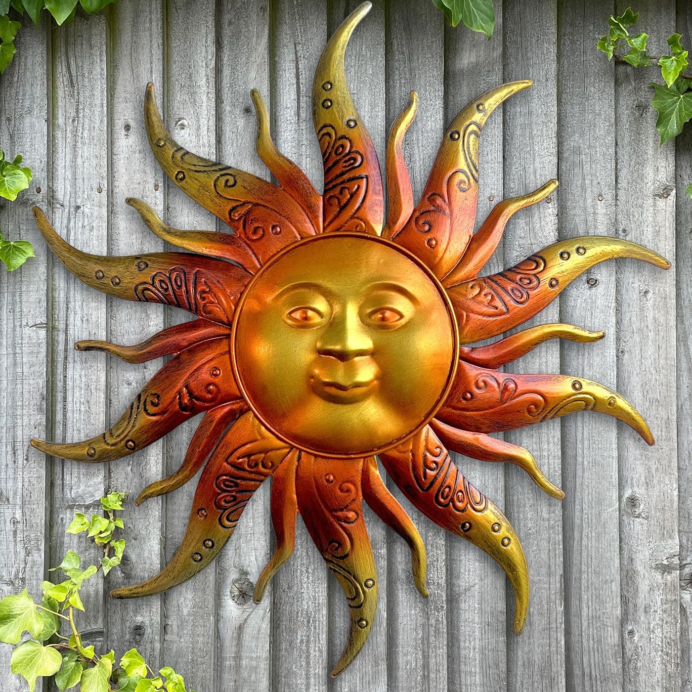 Metal Sun Wall Art Decor-17.3 inches Rustic Retro Metal Sun Ornaments, Hanging Decoration for Garden Patio Yard Fence Living Room(Gold)