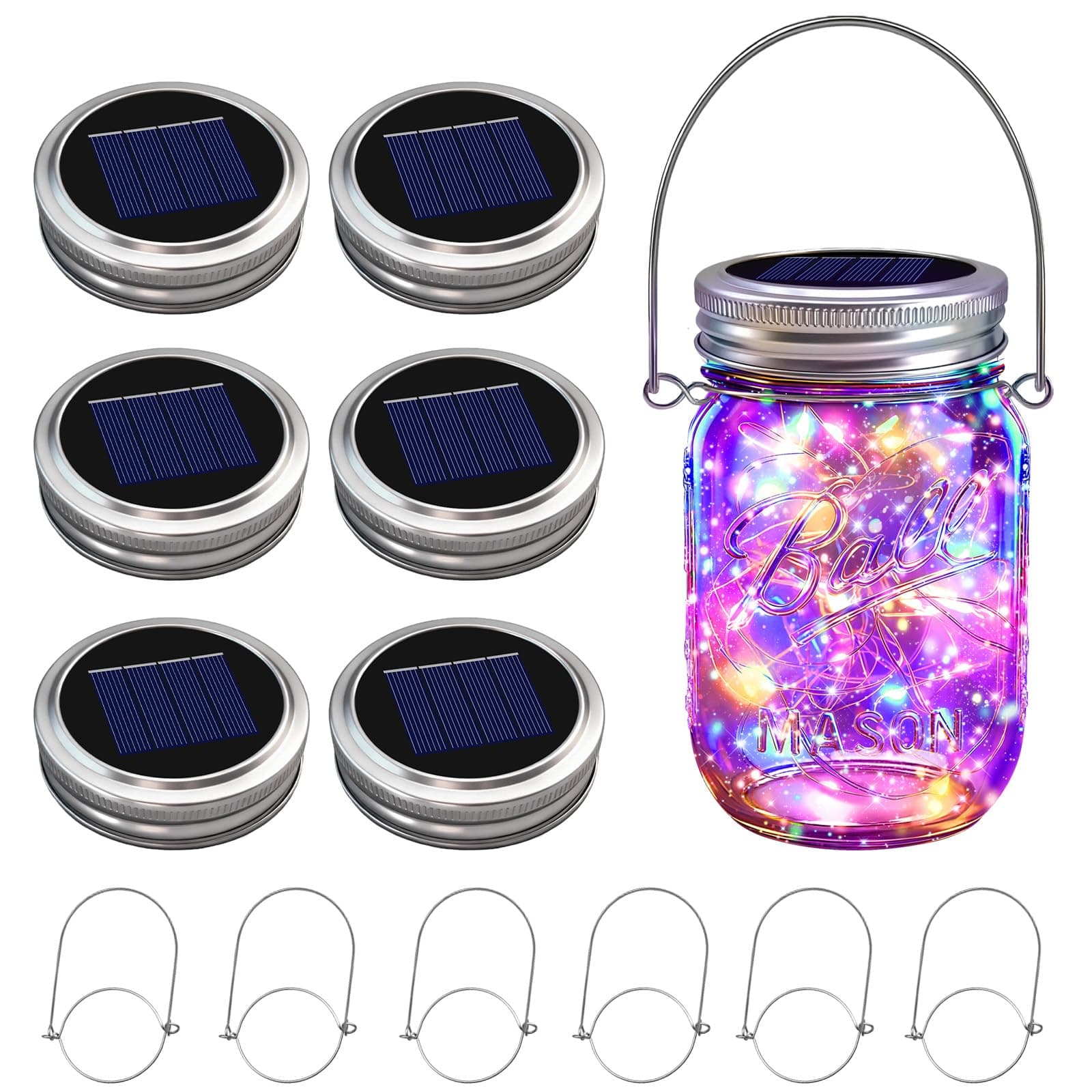 VOOKRY 6 Pack Solar Mason Jar Lights, 30 LED Mason Jar Lids Waterproof Firefly Fairy String Lights with 6 Hangers(No Jars), for Outdoor Patio Garden Yard Lawn Party Wedding Decoration - Multicolor