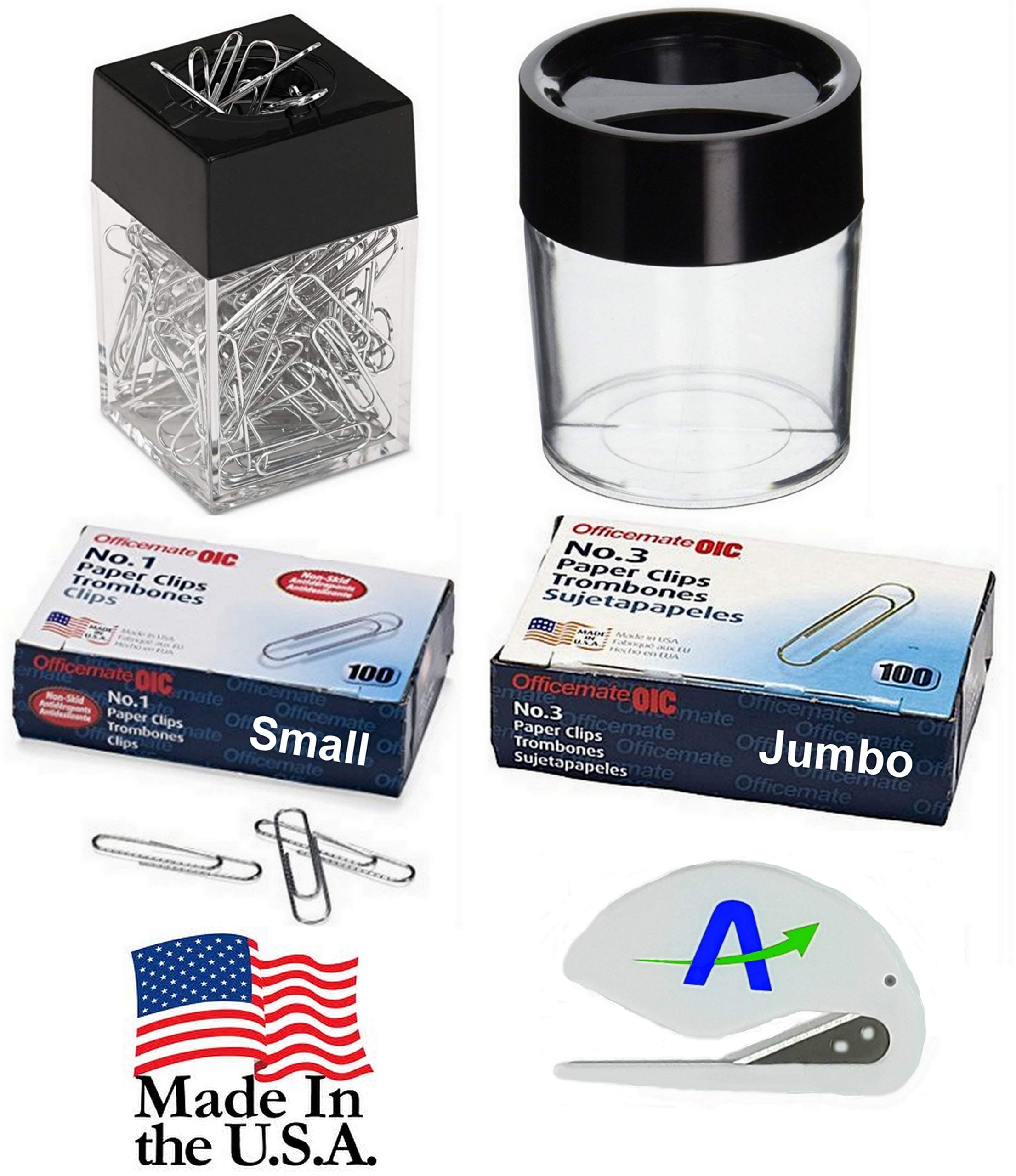 Value Bundle OIC Small and Jumbo Non-Skid Paper Clips and 2 Magnetic Dispensers, 1 Each of Small and Large Plus a Custom AOP Letter Opener