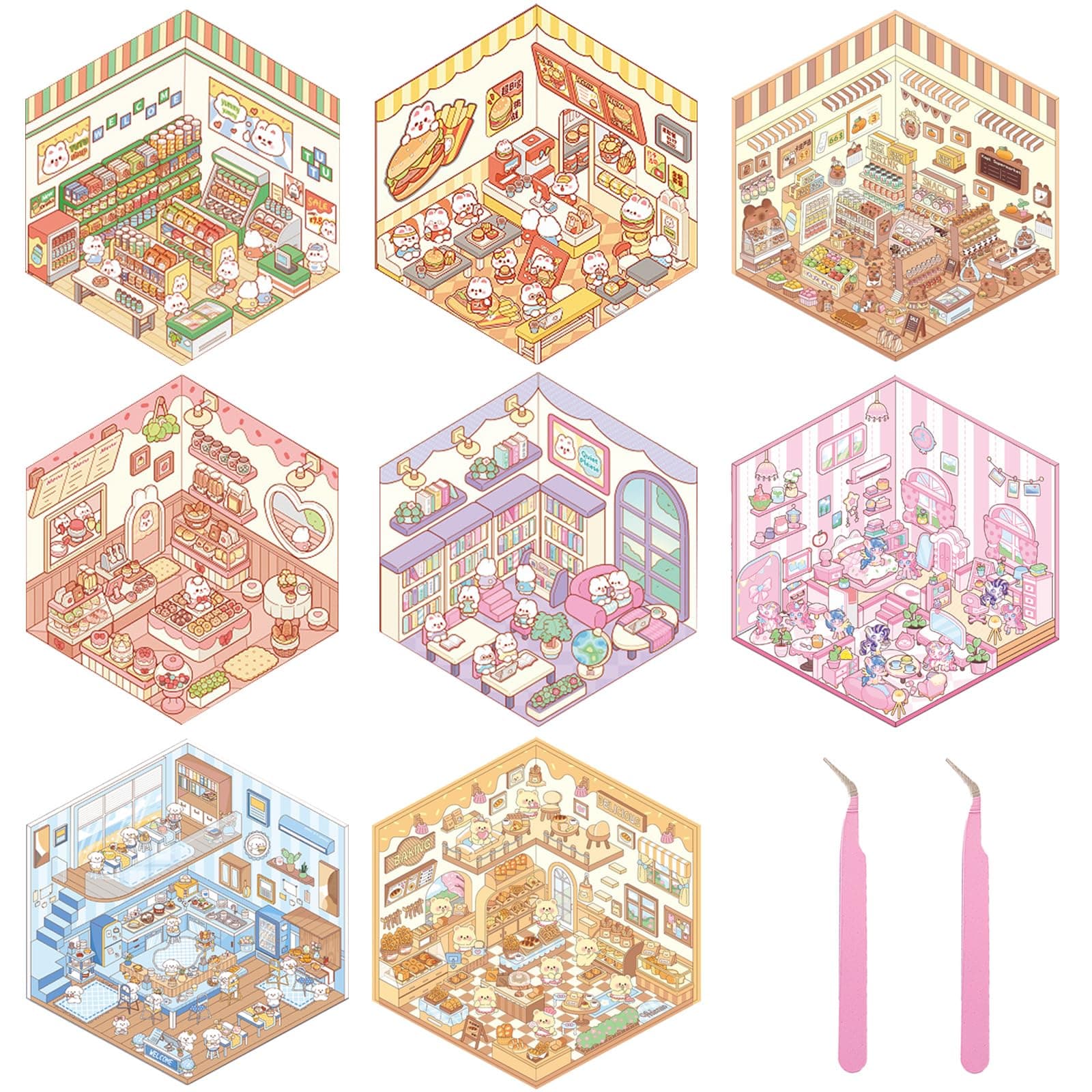 8 Sets DIY 3D House Stickers, 3D Sticker Scene Miniature Scene Stickers, Cute Cartoon Sticker for Adults Kids, Make Your Own Fun Room Book