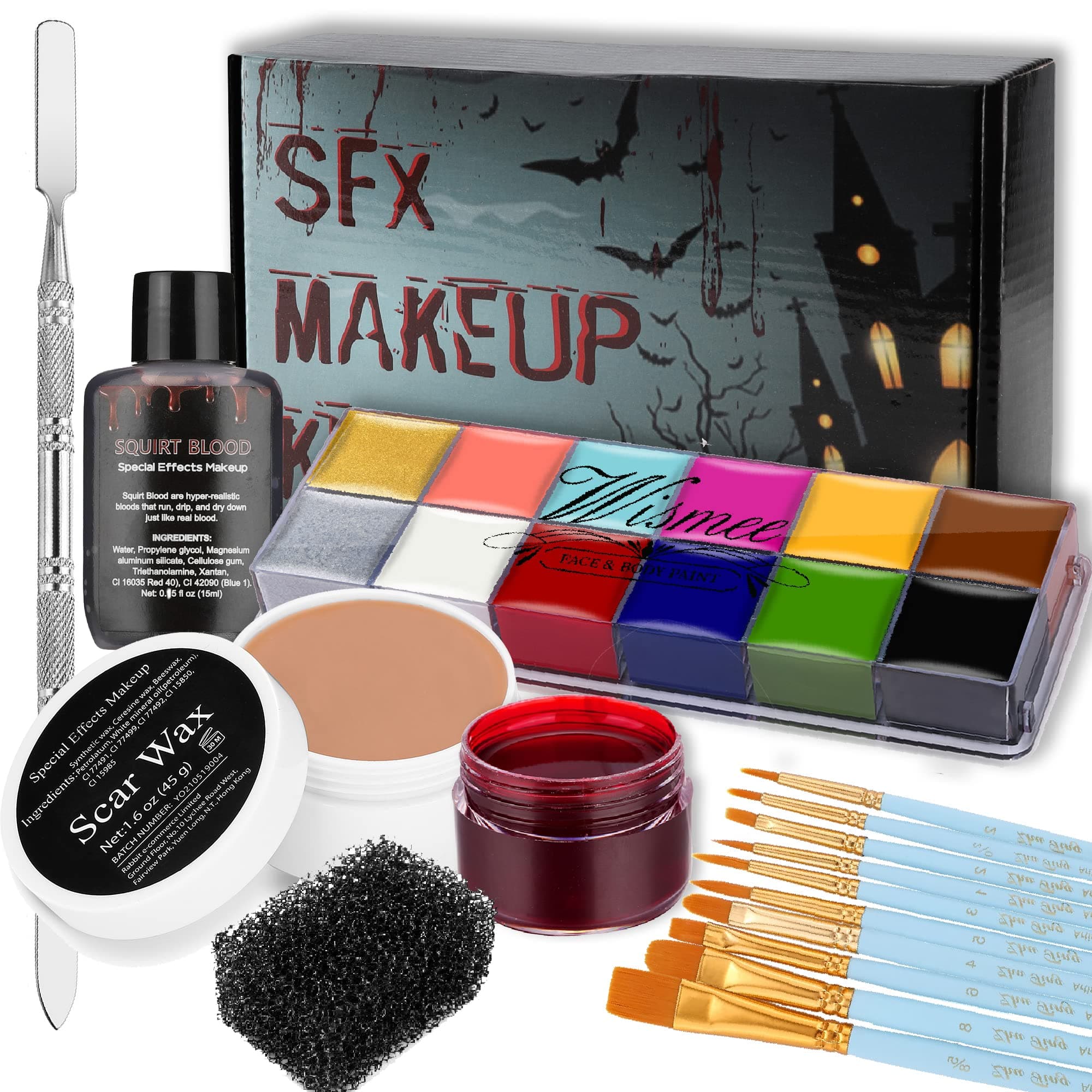 Pro SFX Makeup Special Effects Kit 12 Colors Face Body Paint Oil Based with Scar Wax,10 Face Paint Brushes,Spatula Tool,2 Fake Scab Blood,Black Stipple Sponge
