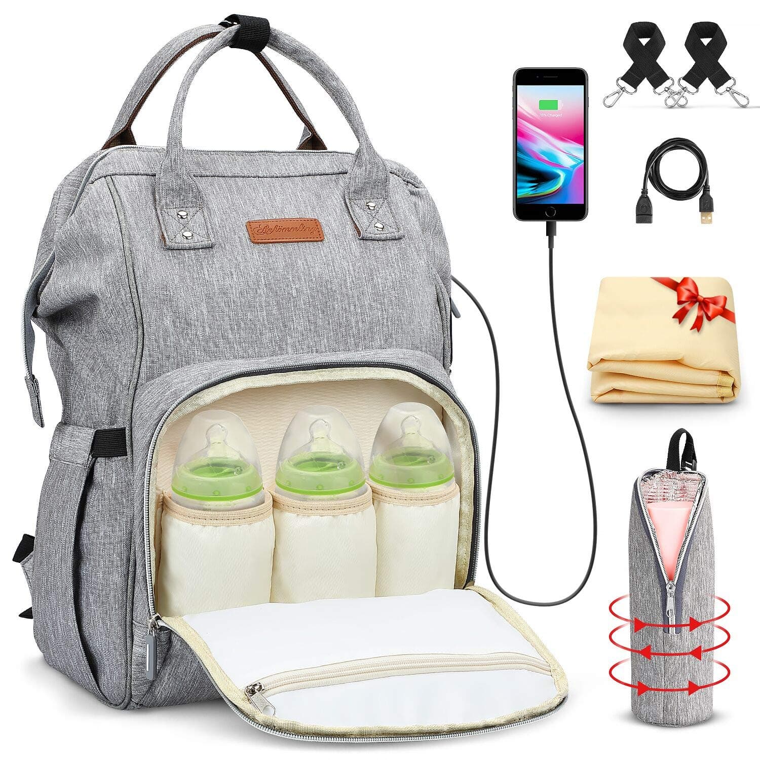 LOORY Baby Diaper Backpack with USB Charging Port Cable Insulated Bag Soft Changing Pad Stroller Straps Large Capacity Backpack Nappy Bags Multi-function Waterproof Unisex Travel Backpack