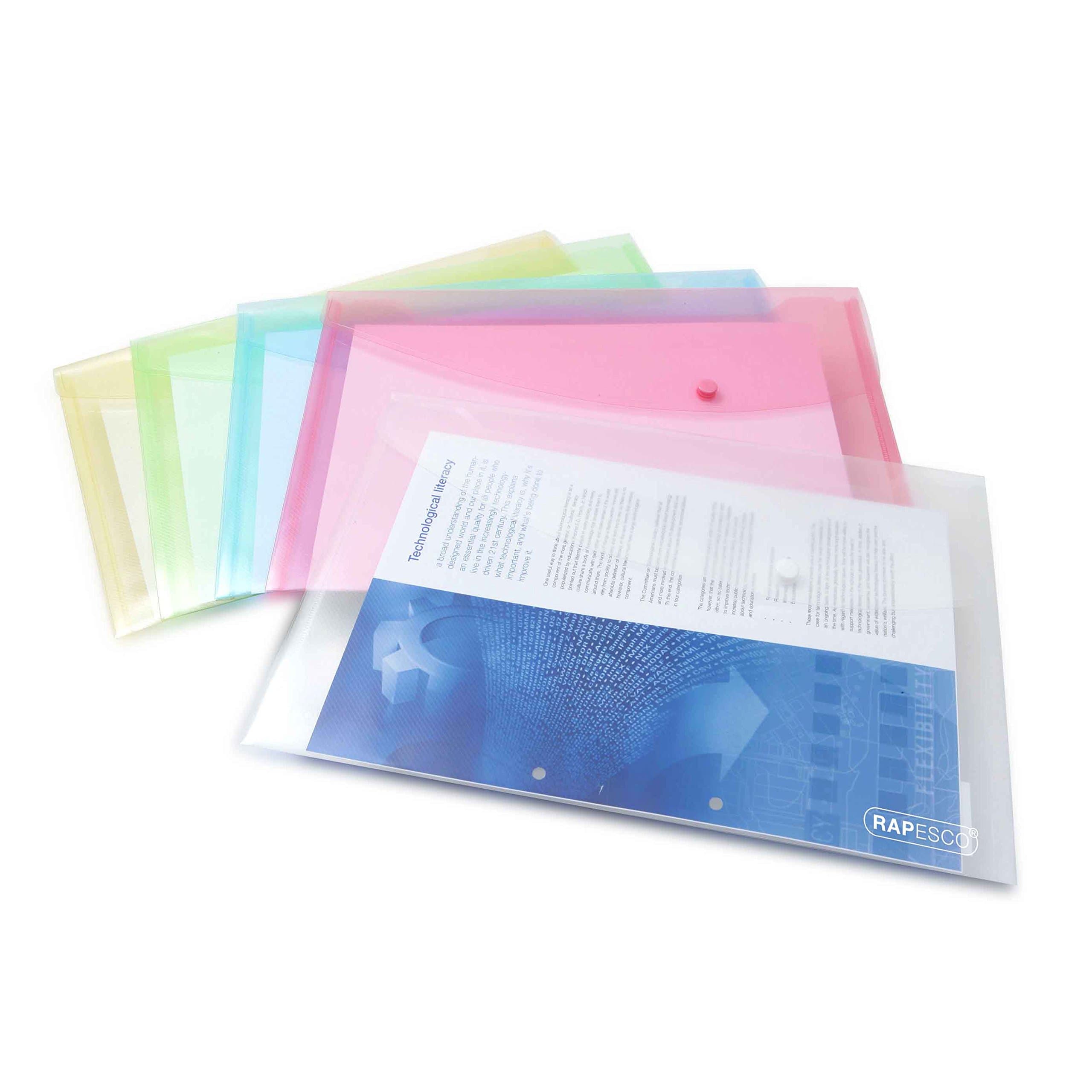 Rapesco 0696 ECO Recycled Popper Wallets, A4+, Assorted Pastel Transparent Colours, Pack of 5