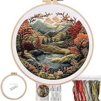 FONNUY Embroidery Kit for Beginners, Boho Nature Landscape Pre-Stamped Pattern Kits for Adults with Hoop, Easy to Follow Color Thread Needlework, 8'' Hoop (Flowers Hills)